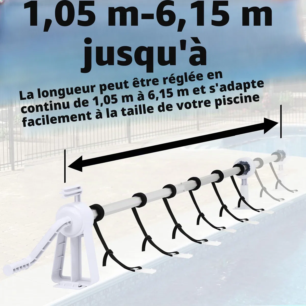 HENGMEI Système d'enroulement de piscine avec bandes de fixation pour films solaires, bâches de piscine et couvertures de 105 à 615 cm