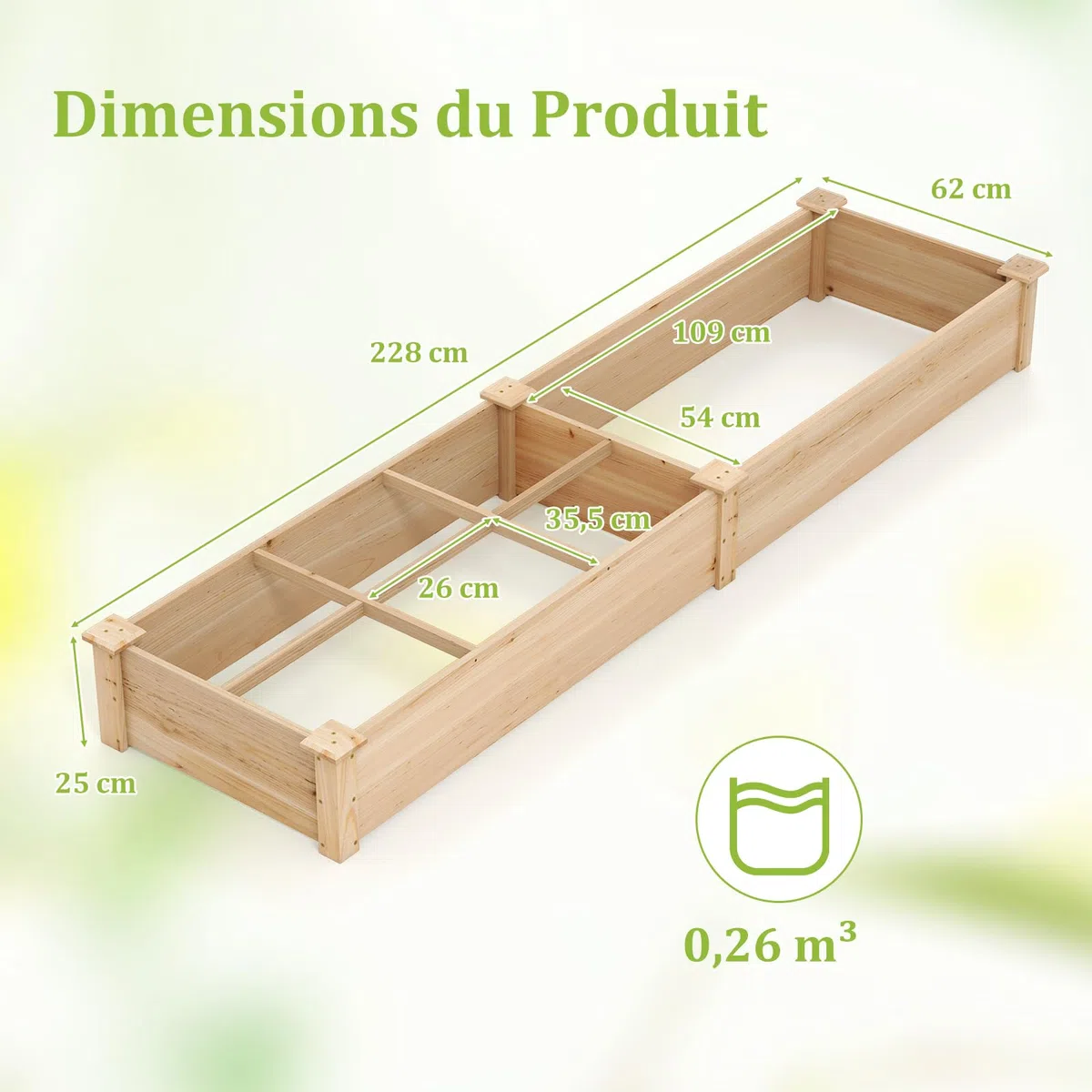 GOPLUS Carre Potager en Bois de Sapin 228x62x25 CM avec Fond Ouvert, Potager Exterieur avec 1 Grand Bacs à Plantation et 6 Petit Bac pour Fleurs Légumes Fruits Herbes, Idéal pour Balcon (Brun)