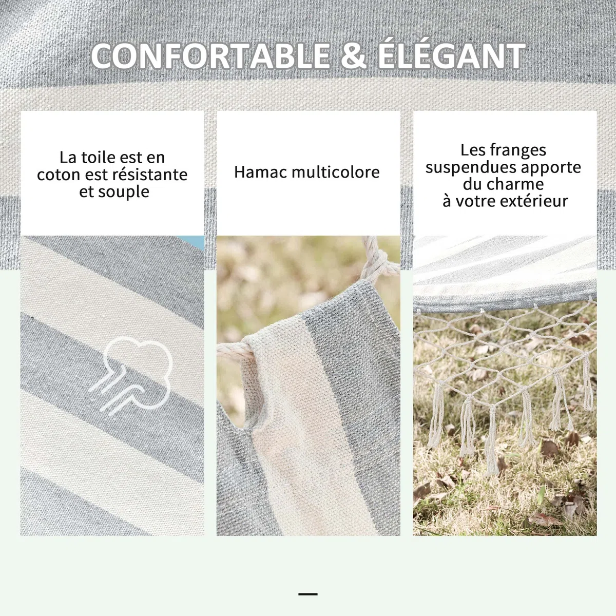Outsunny Hamac de Voyage Portable Style Hippie Chic Toile de hamac dim. 2L x 1l m Coton Polyester Gris écru rayé