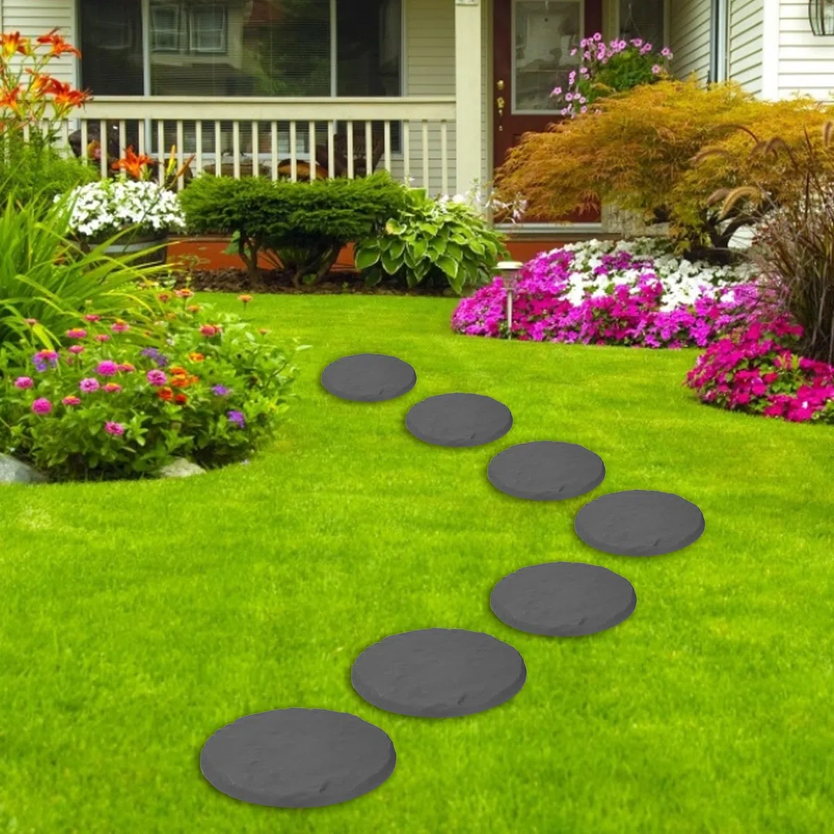 Pierres de gué Décoratives Circulaires de 15,5 Pouces avec Piquets de Sol, Pierres de Marche de Jardin en Résine pour Pavés D'Allée Extérieure, Allée, Pelouse, Cour, (Gray)
