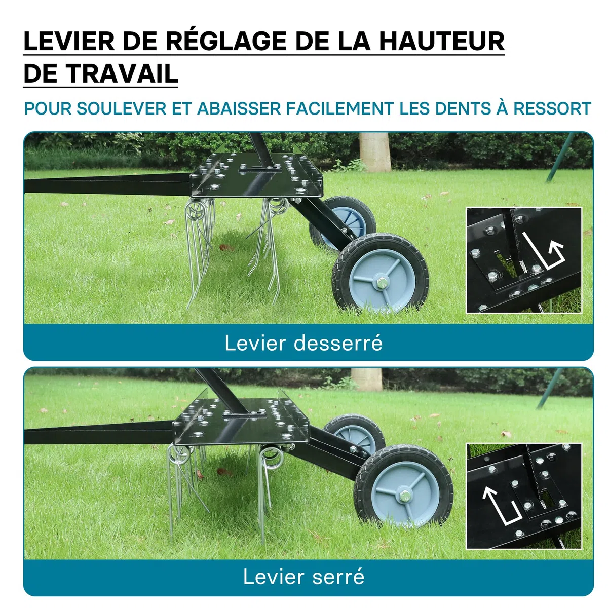Wiltec Scarificateur Trainé Largeur de Travail 100cm Ressorts en Acier 16,5 cm Hauteur réglable 18 et 22 cm Scarificateur Poids 15 Kg Pelouse pour Tracteur Tondeuse Roues en Caoutchouc ATV