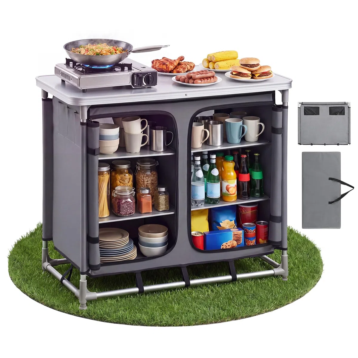 VEVOR Cuisine de Camping Portable Armoire de Camping en Alu 6 Compartiments, Pour Barbecue Voyage, Meuble de Rangement avec Sac de Transport, Table de Pique Nique Plateau Charge 50 kg, Légère Compacte