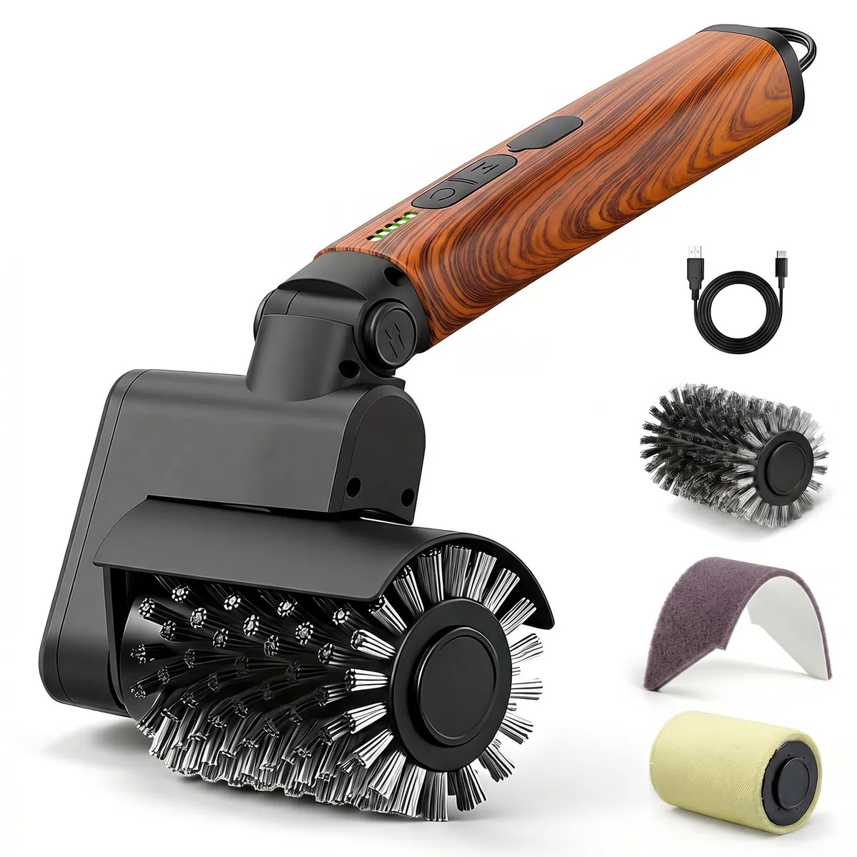 Set de brosse de barbecue électrique 3 en 1 (Revêtement en bois rouge) | Sans fil, rechargeable, imperméable, nettoyant pour barbecue, accessoire de barbecue professionnel