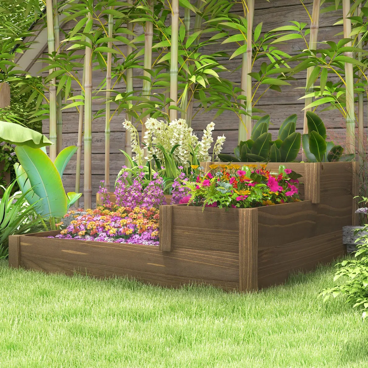 Outsunny Bac à légumes surélevé Bac à fleurs avec 3 niveaux, bac à plantes pour herbes aromatiques sur la terrasse et le balcon, bois de sapin, brun, 122 x 122 x 51 cm