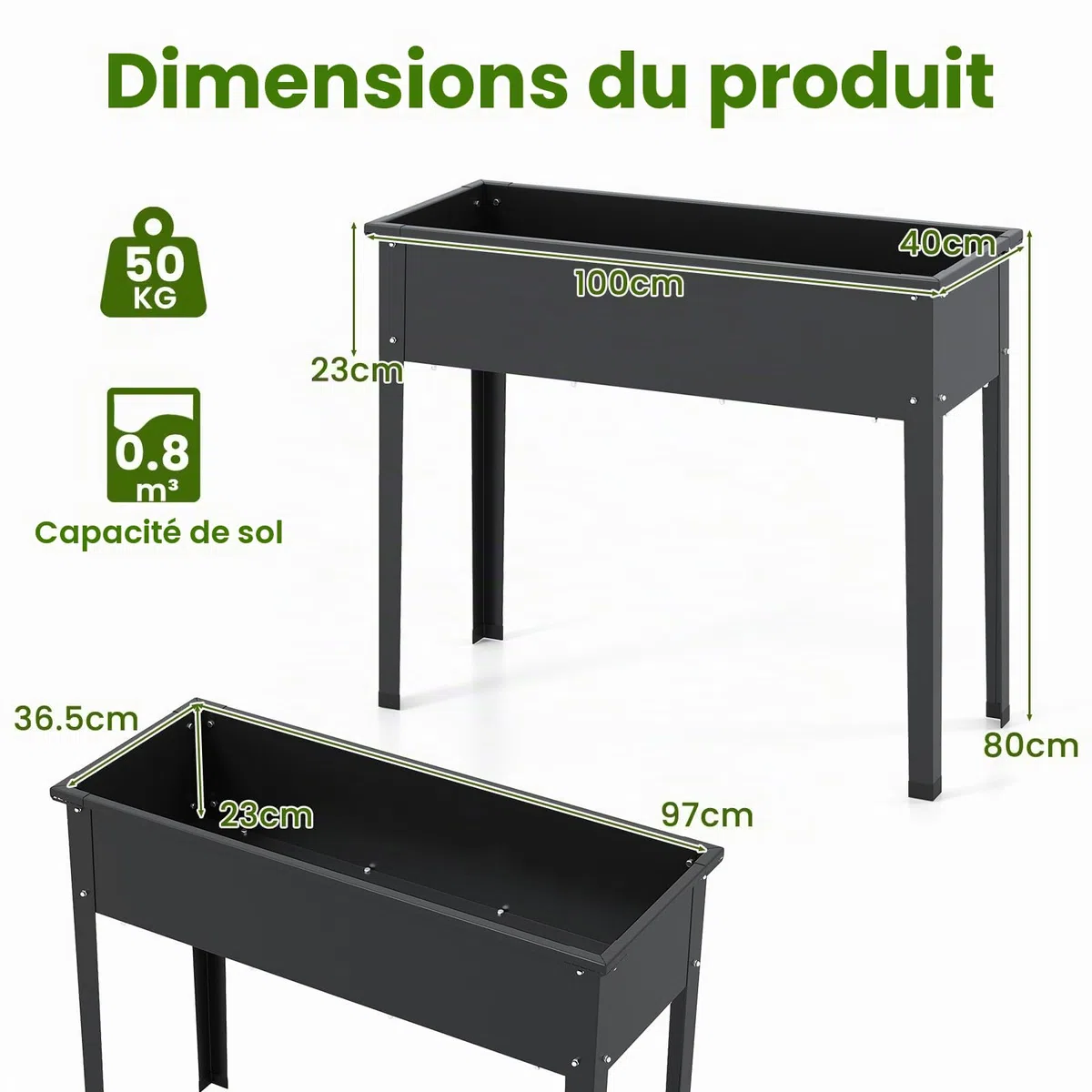HOMASIS Jardinière sur Pieds en Métal, Jardinière Surélevé avec Trou de Drainage, Potager Surélevé Rectangulaire pour Balcon, Jardin et Terrasse (Noir, 100 x 40 x 80 cm)
