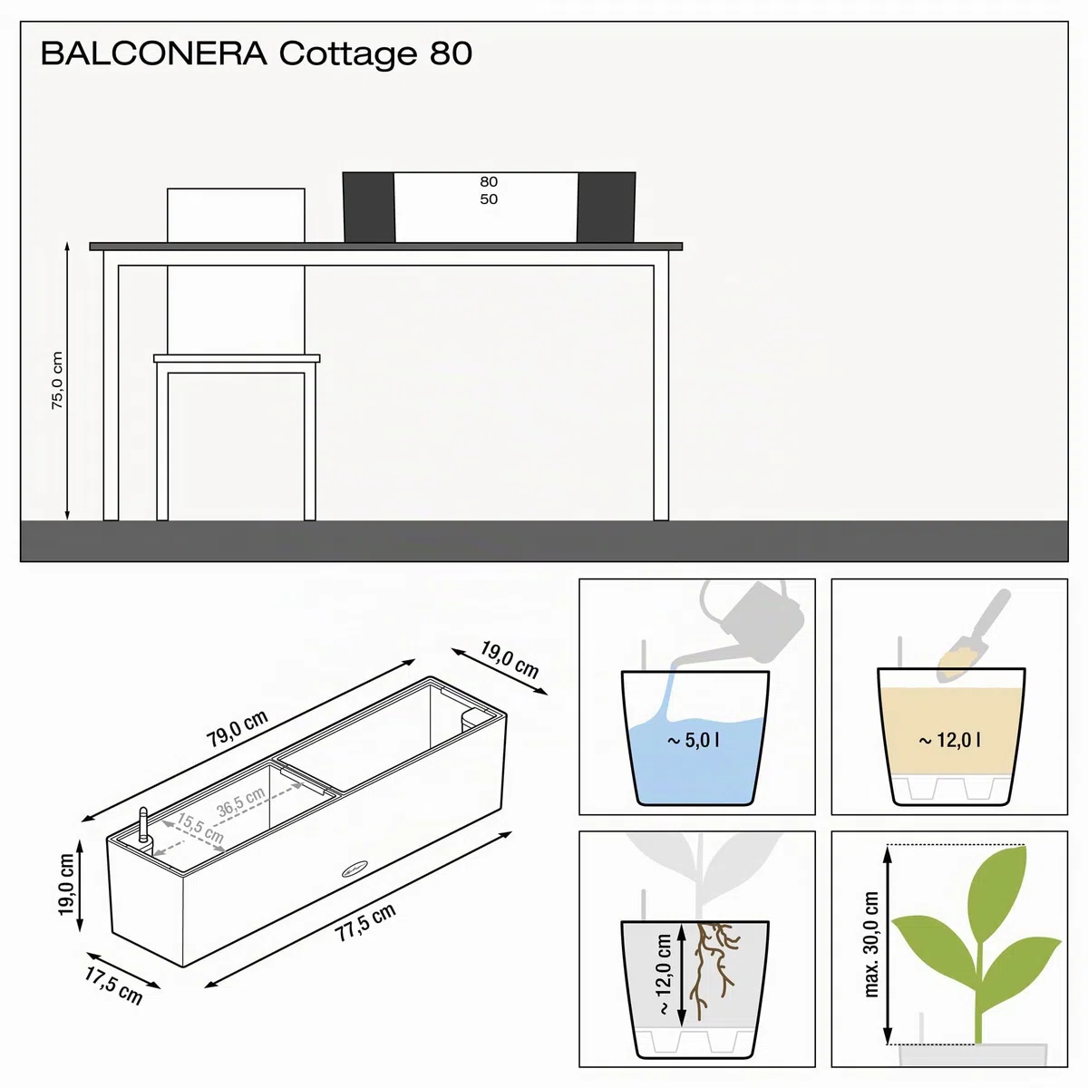 Lechuza Lechuza Cottage Balconera Jardinière pour Balcon avec arrosage Automatique Aspect rotin Moka, Granite, Plastique, Granit, 79 x 19 x 19 cm, Brun