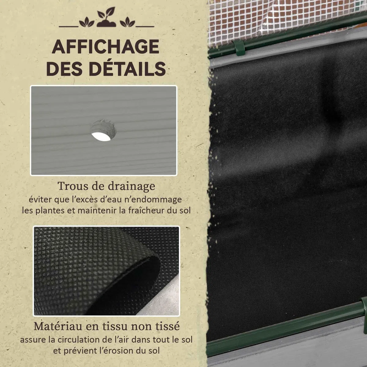 Outsunny Potager sur Pieds surélevé avec bâche en PE Jardinière surélevée Potager avec Serre Volume 104 L avec Trous de Drainage, Tissu Non tissé, pour Plantes Fleurs Légumes, 121x55x117cm Gris foncé