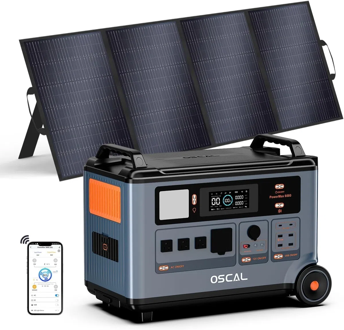 OSCAL PowerMax 6000w Générateur Solaire avec Panneau 400W, 3600Wh Station électrique Portable, Capacité Extensible 57.6kWh, Recharge en 1,2 h, Batterie LFP, APP, 14 Sorties, pour Maison, Camping-Car