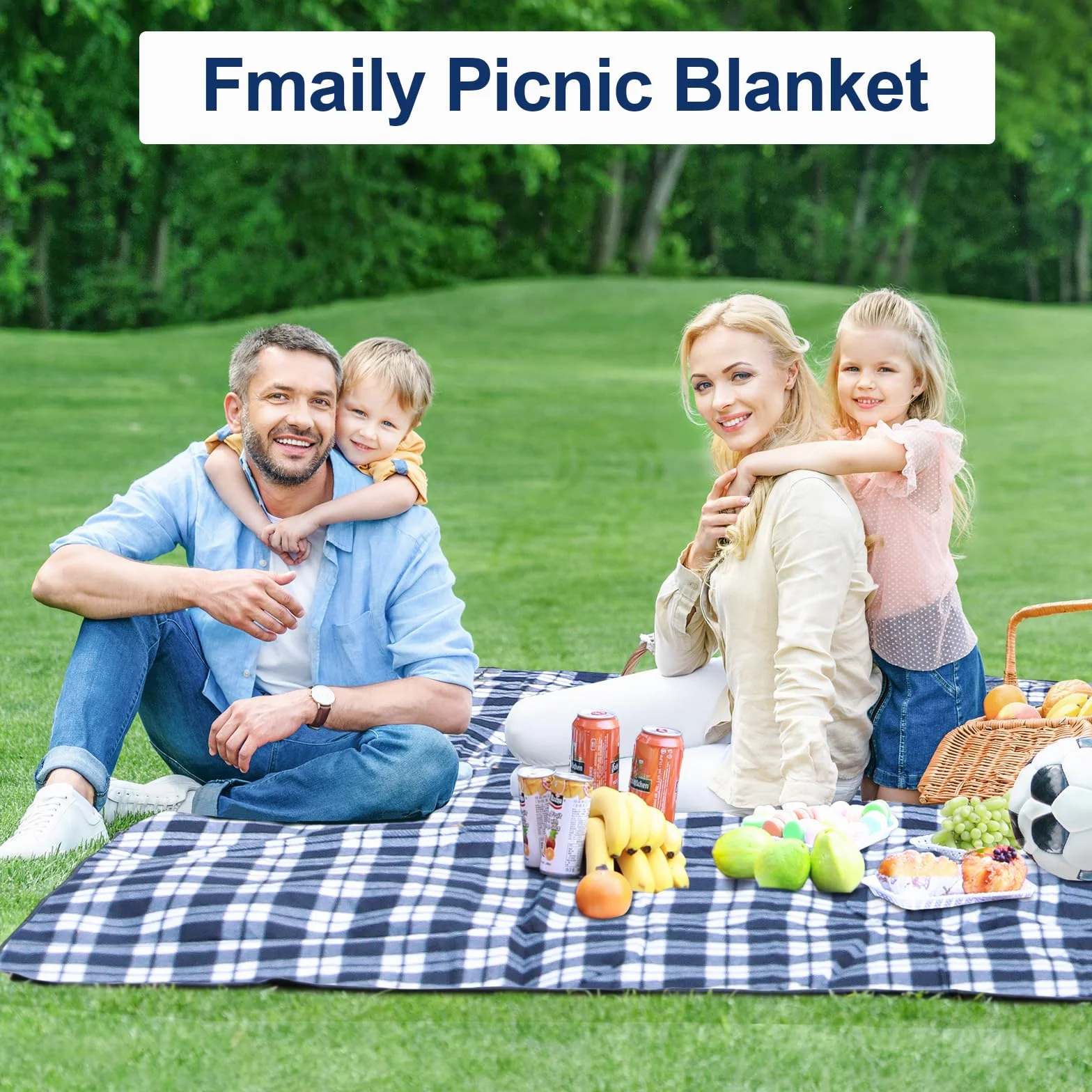 Couverture de Pique-Nique - 300 x 300 cm - Imperméable - sans Sable - Lavable - XXL - Pliable - avec bandoulière - Idéale pour la Plage et Le Parc (Grille Bleue et Blanche)
