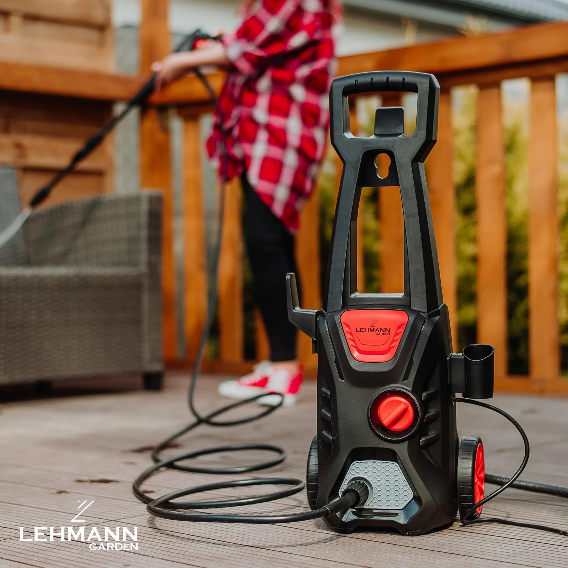 LEHMANN Jukon Nettoyeur Haute Pression, 1600 W, Max. 200 Bar, Débit 480 l/h, Tuyau 5 m, Pompe en Aluminium, Buse réglable & rotative, Lance à Mousse, Idéal pour Maison, Jardin, Terrasse, Voiture