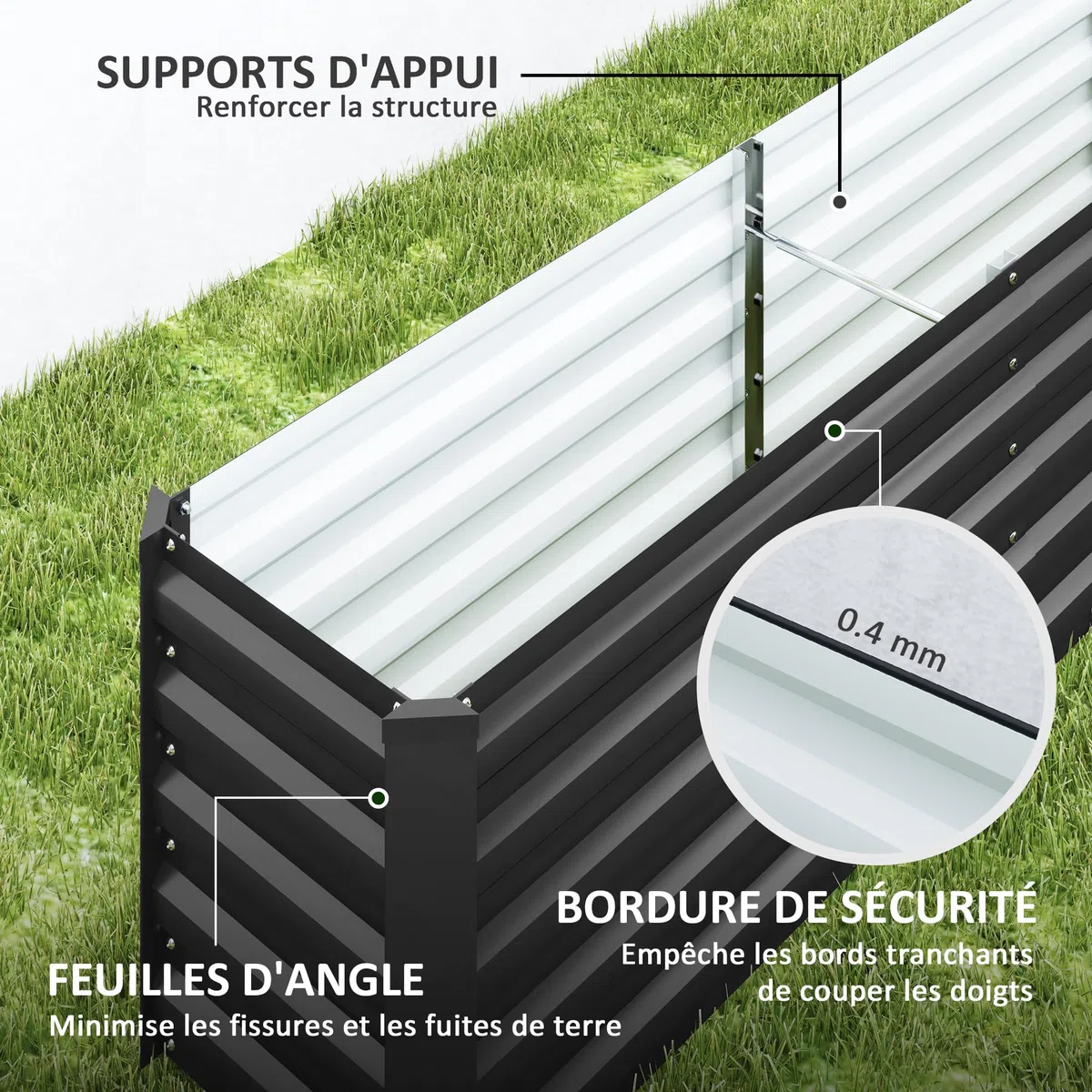 Outsunny Carré Potager, Potager surélevé en Acier galvanisé, Barres de Soutien et plaques d'angle, Fond Ouvert, lit de Jardin surélevé, pour Plantes légumes, Fleurs, 240 x 40 x 45 cm, Gris foncé