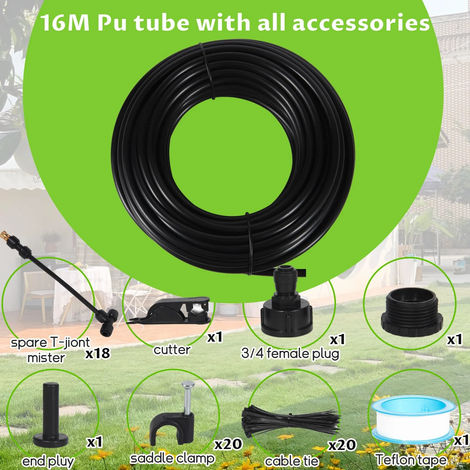 16M Brumisateur Exterieur,64 Pcs Kits d'irrigation Système de Brumisation avec 18 Buses de Brume avec Joint en T+1 Adaptateur (en Laiton, 3/4") pour les Événements Extérieurs,Les Jardins