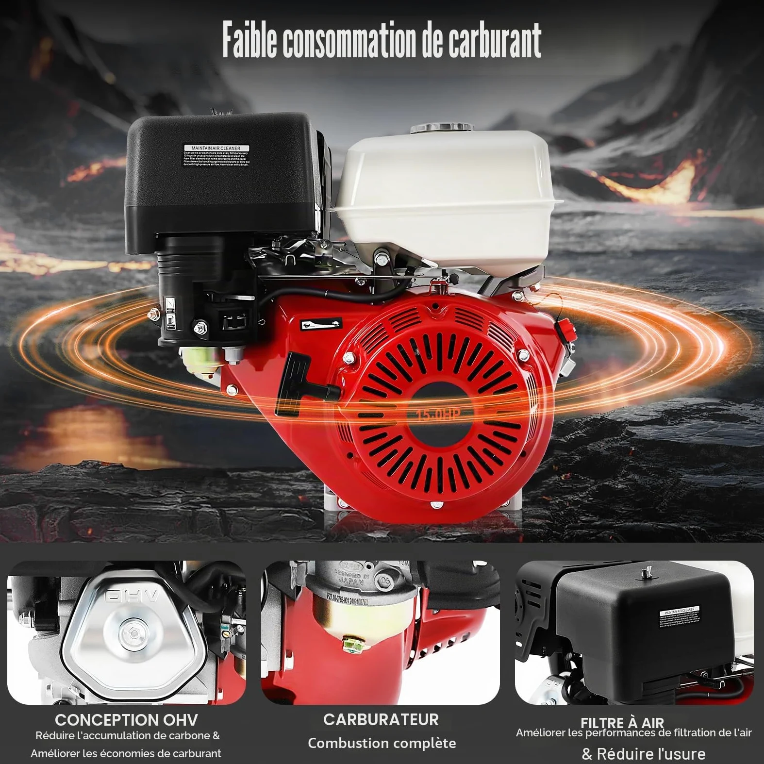 Moteurs à 4 temps pour kart, moteur à essence de 15 CV, moteur fixe, moteur industriel, moteur à quatre temps refroidi à l'air, moteur additionnel, moteur kart de 420cc, moteur go-kart, moteur Otto
