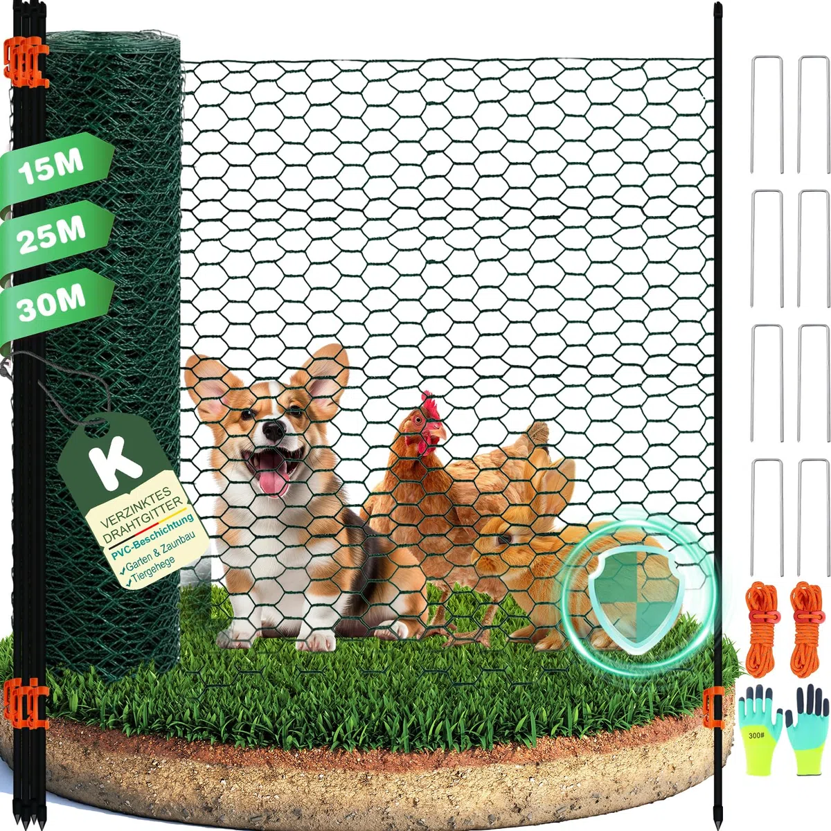 Clôture Mobile pour Chien 120 cm Hauteur, Treillis Métallique Gainé, 15 m / 25 m / 30 m, avec Tiges Pleines en Fibre de Verre, Clôture à Picots pour Jardin, Camping et Dressage