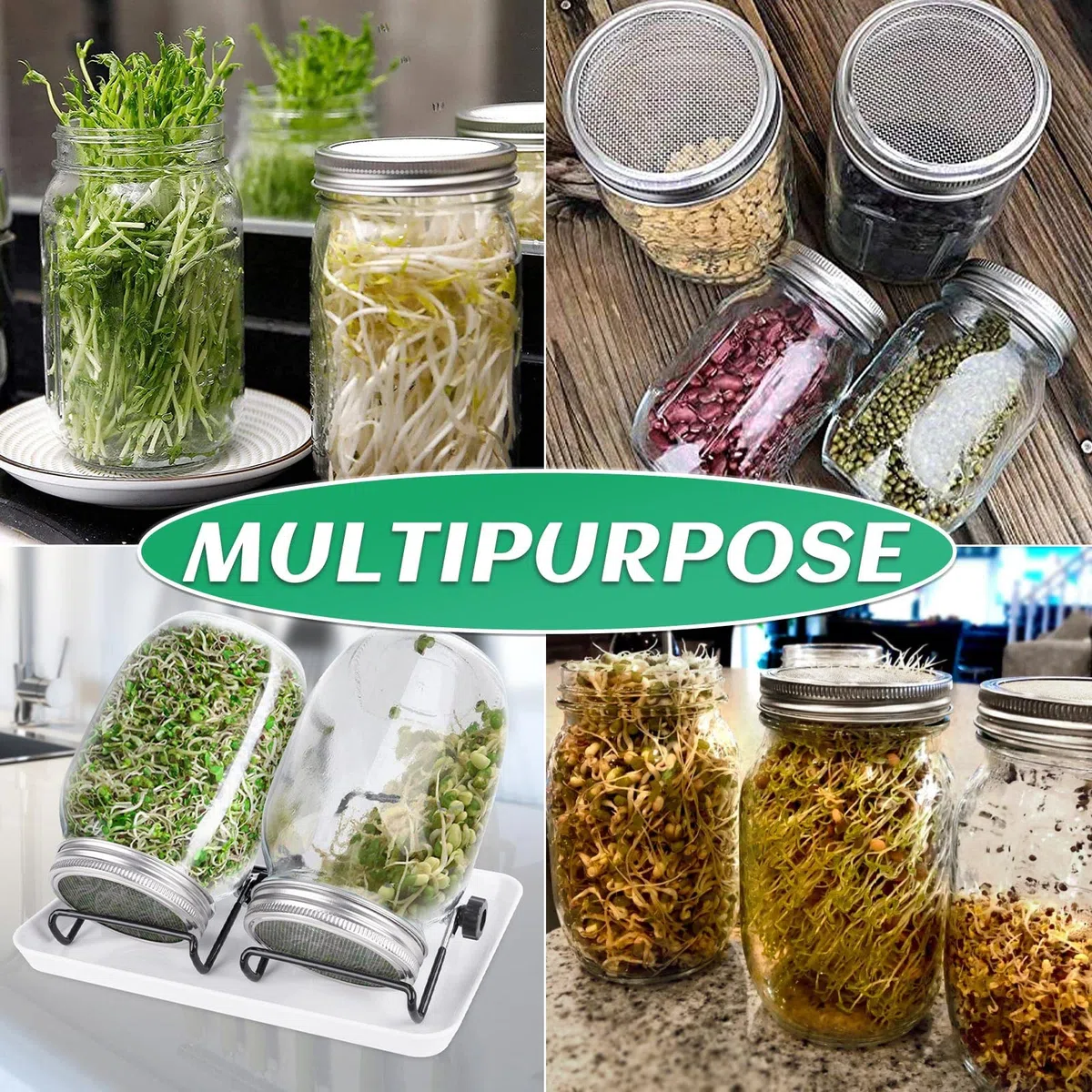 Kit de germination de graines avec 2 bocaux Mason à large ouverture - Kit de culture de germes de haricots - Pot de culture avec couvercles en maille - Pour faire pousser du brocoli, de la luzerne, du