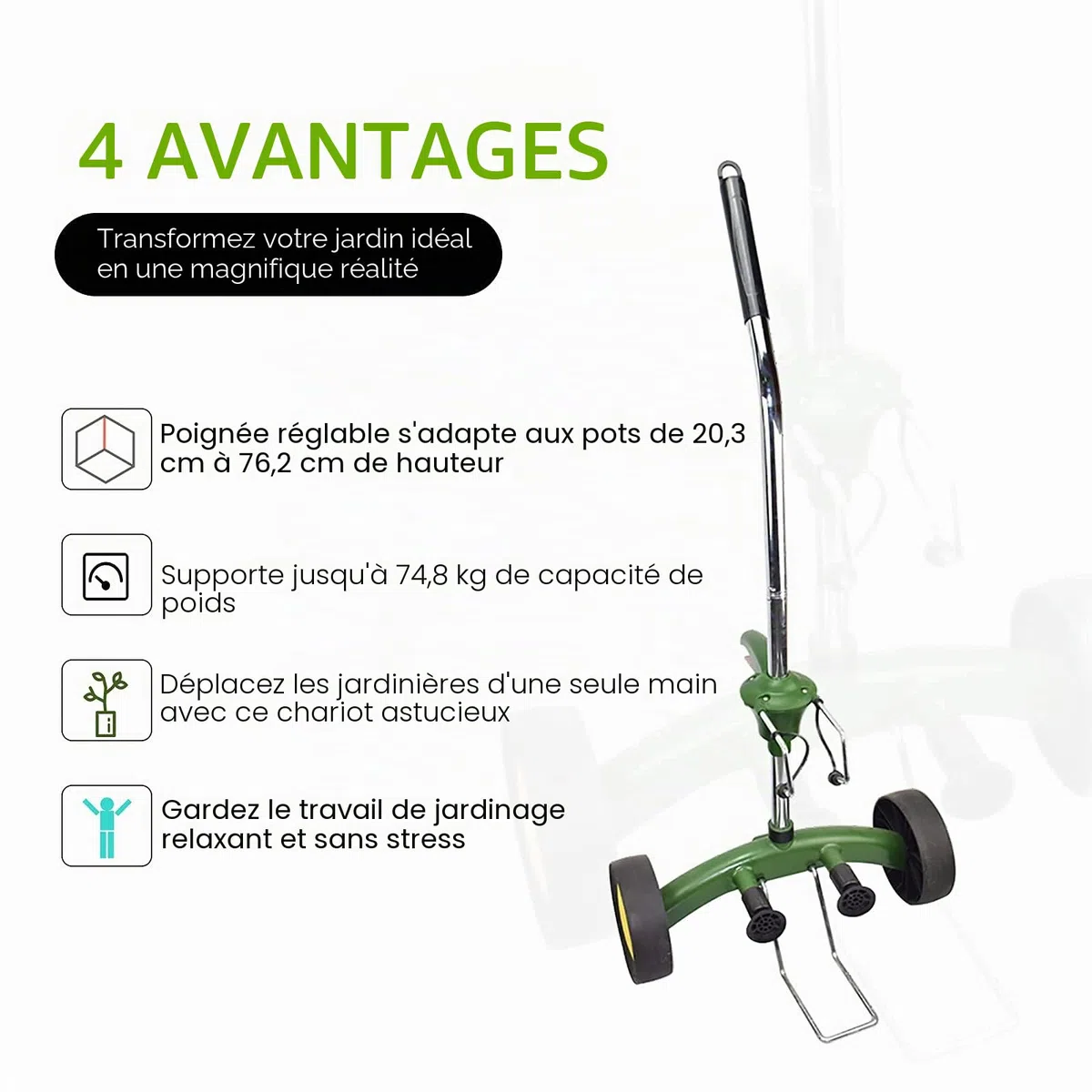 Déménageur de pot de jardin avec poignée réglable – Chariot robuste avec roues robustes sans plat et ventouses antidérapantes, capacité de poids maximale de 75 kg