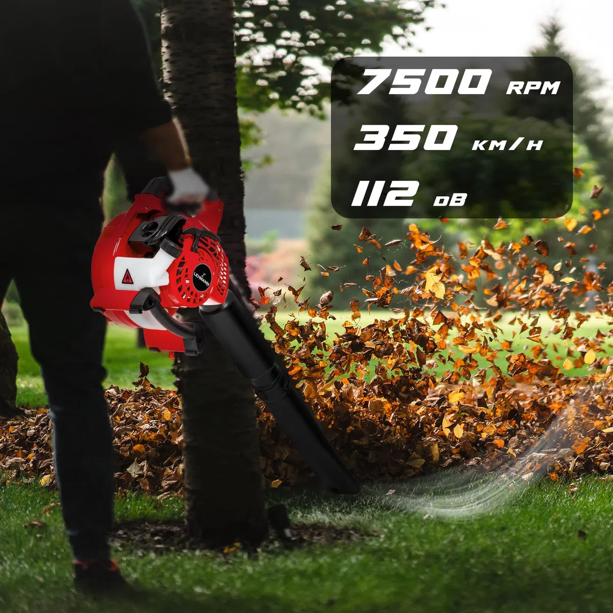 Lehmann Souffleur de Feuilles Thermique 4en, Aspirateur à Feuilles avec Fonction Broyage & Sac de 50L, 2 Temps, Vitesse 97 m/s, Harnais, 2 Tubes & 0,5L Huile Spéciale