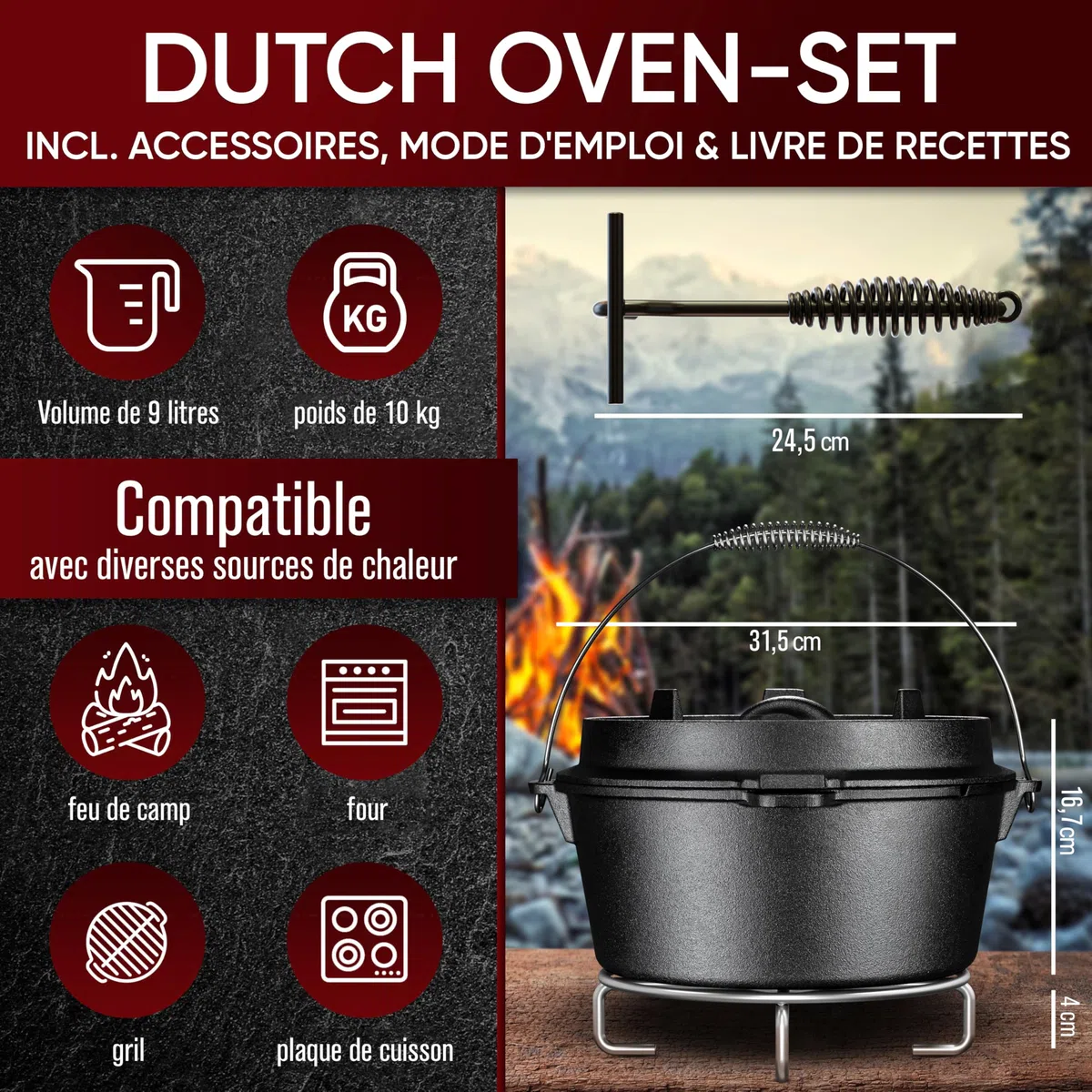 GUSSKÖNIG dutch oven Cocotte Fonte Barbecue - Cocotte Émaillée 9L sans Pieds - Chaudron en fonte - Double Fonction - Marmite fonte-Marmite feu de bois, Inclus : Brosse & Livre de Recettes