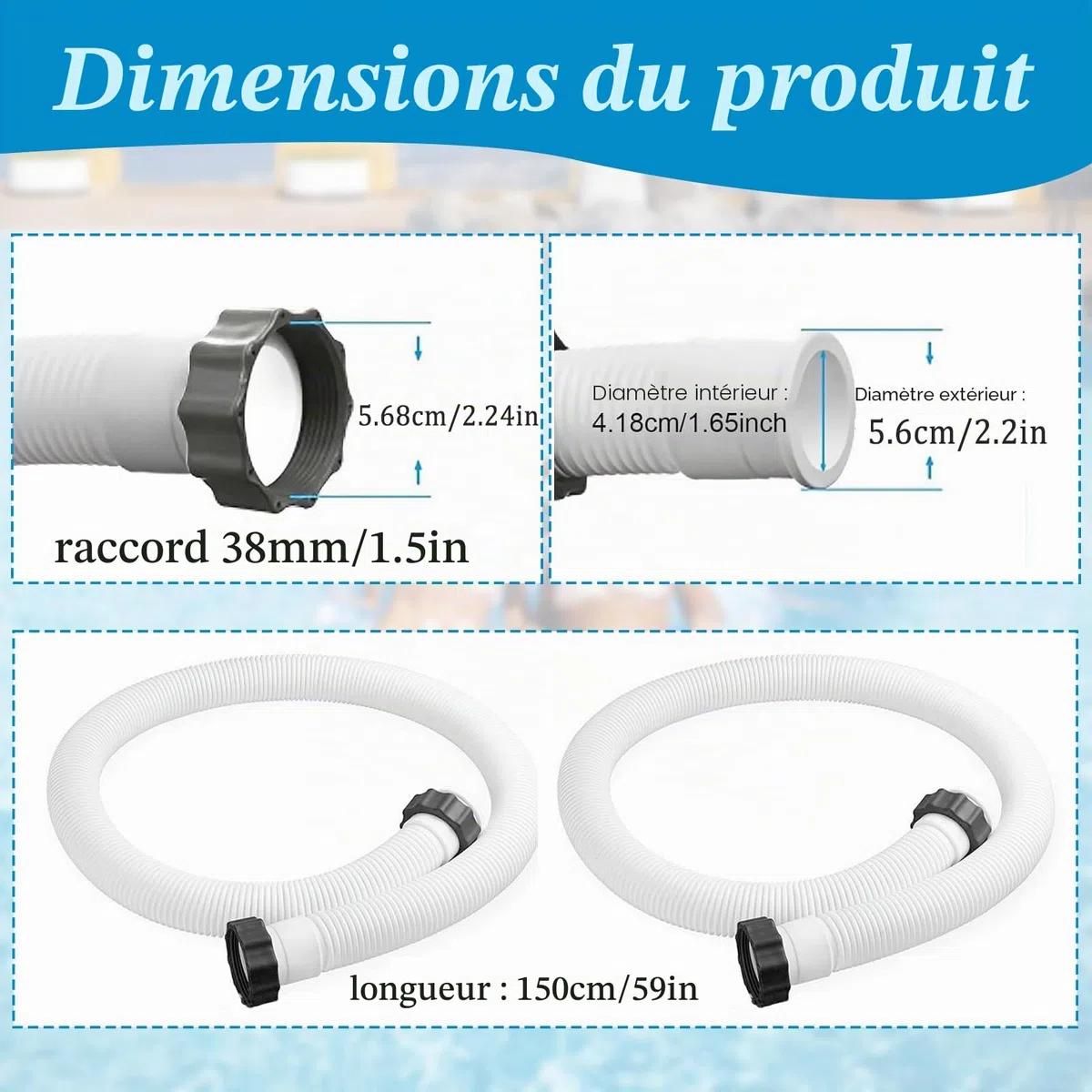 Lot de 2 tuyaux de rechange pour pompe de piscine Intex, 38 mm/150 cm, avec 2 adaptateurs de tuyau de type B