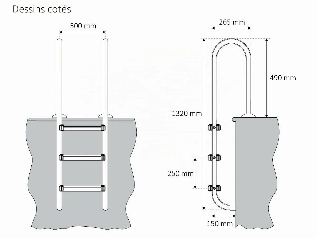 Zelsius Echelle de Piscine à 3 marches en Acier Inoxydable V2A | 50 x 26,5 x 132 cm - Argent | avec Protection antidérapante | Escalier de Piscine