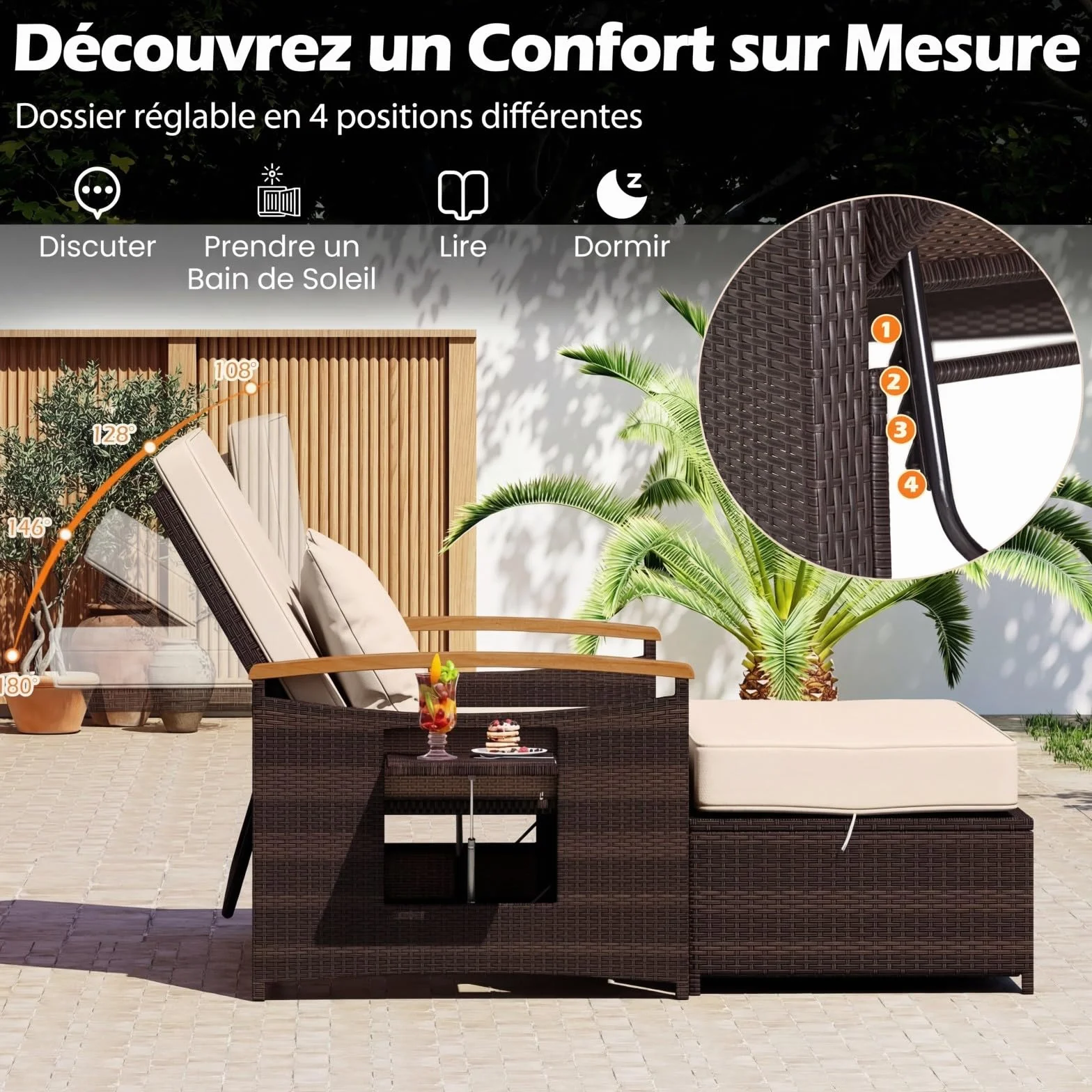 COSTWAY Salon de Jardin en Rotin avec Ottoman de Rangement, Bain de Soleil avec Plateau Latéral Rétractable Dossier Réglable sur 4 Niveaux, Canapé à 2 Places pour Jardin Patio Piscine (Marron+Beige)
