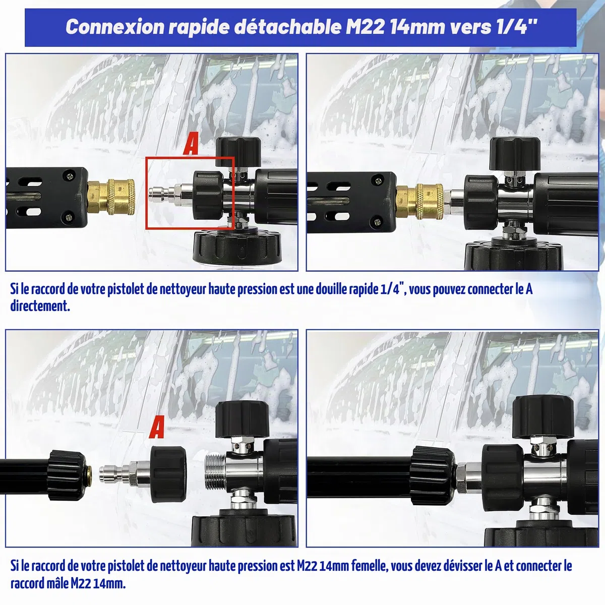 Tool Daily Canon à Mousse Haute Pression avec Accessoire Double Connecteur | Embout Double pour Canon à Savon, Pistolet à Mousse avec 5 Buses de Pulvérisation, Raccord Rapide 1/4", l Litre, 250 bar