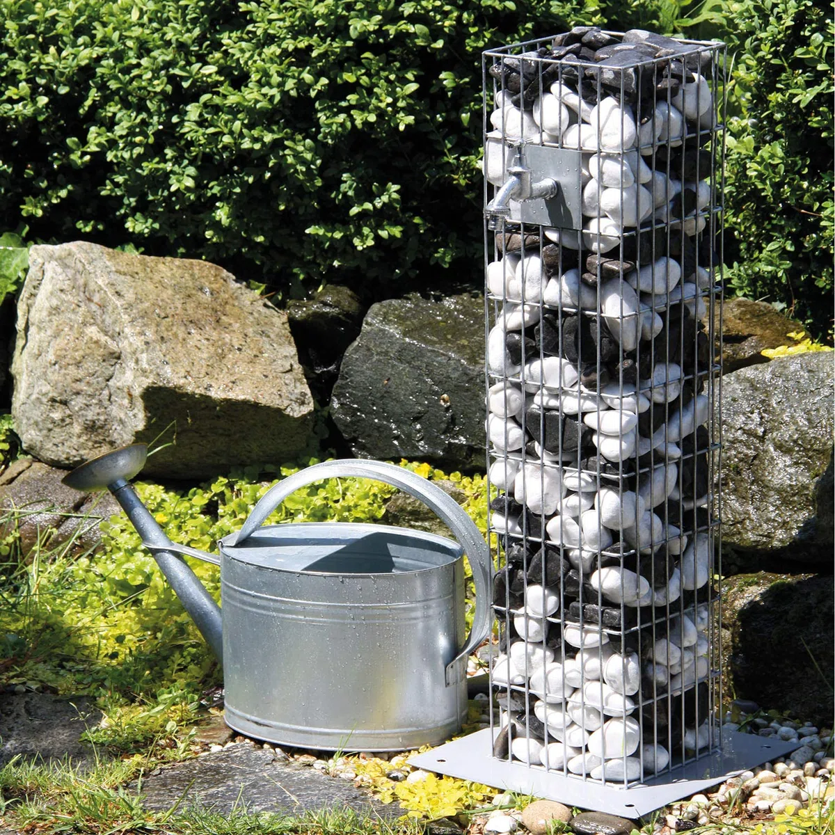 bellissa Colonne Gabion avec Robinet d'eau en métal - 95635 - Colonne Gabion de Haute qualité avec Robinet d'eau - Fontaine de Jardin décorative - 16 x 16 x 90 cm