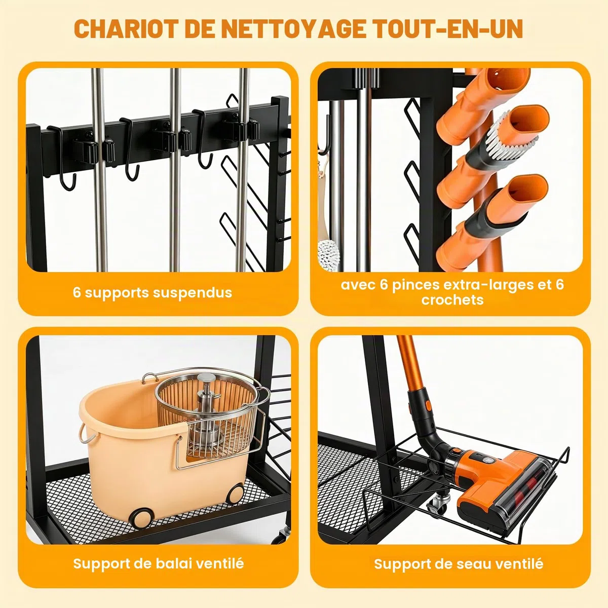 Chariot de Nettoyage, Porte Balai, avec 4 roulettes, 3 Crochets et 6 Emplacements, pour Outils de Jardin, avec Roue et Crochet, Support pour Outils Jardin, Étagère Rangement Nettoyage Mobile