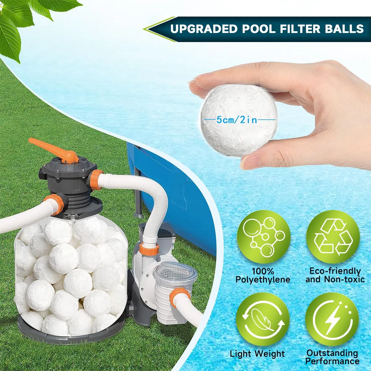 2260g Balle Filtrante Piscine,Lavables en Machine/Réutilisables Balles Filtrantes Piscine avec Filet de Lavage(Remplace 85kg de Sable Filtrant),Compatibles avec Divers Systèmes de Filtration