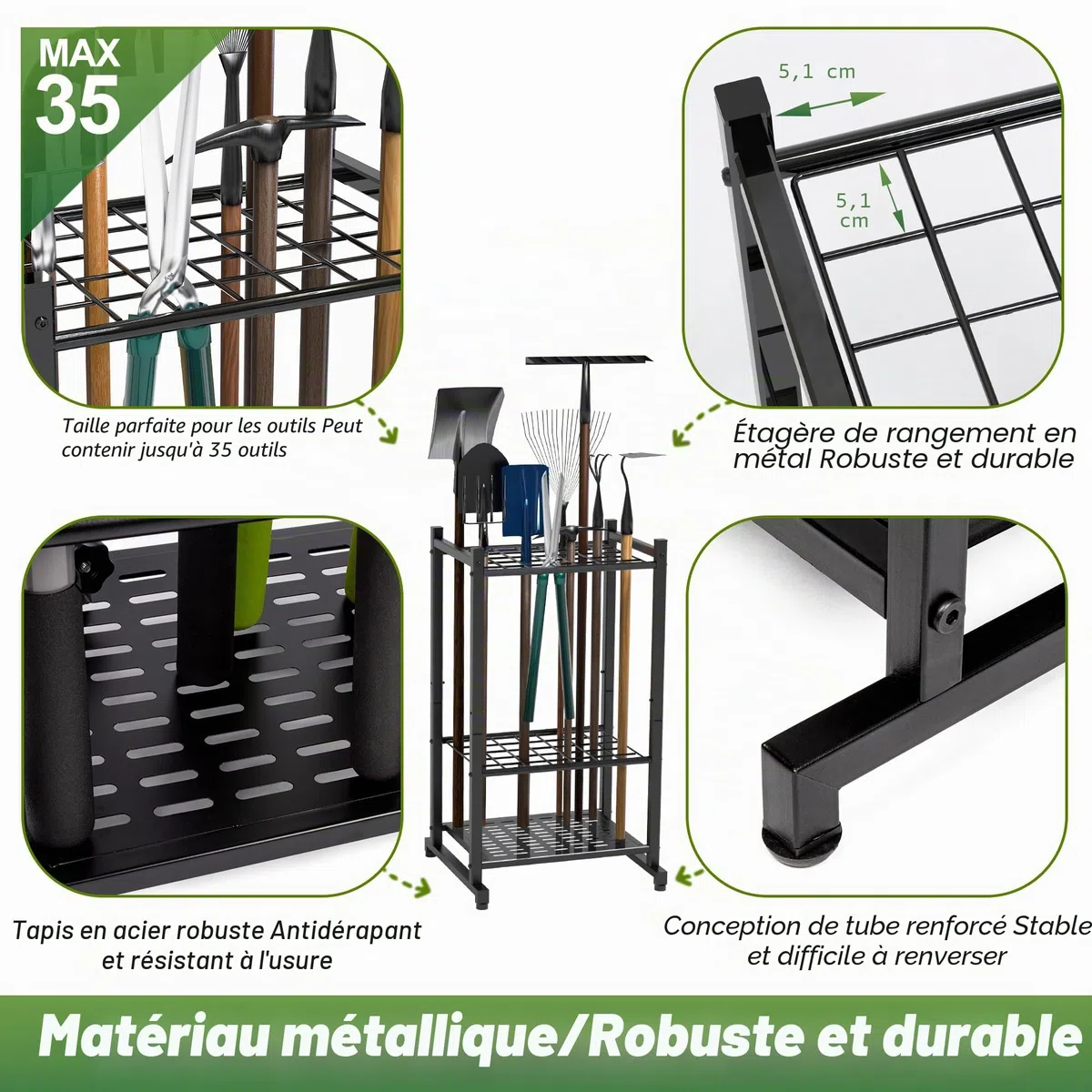 Organiseur outil de jardin et tour robuste pour l'organisation et le rangement du garage, jusqu'à 35 outils à long manche, râteaux/balais