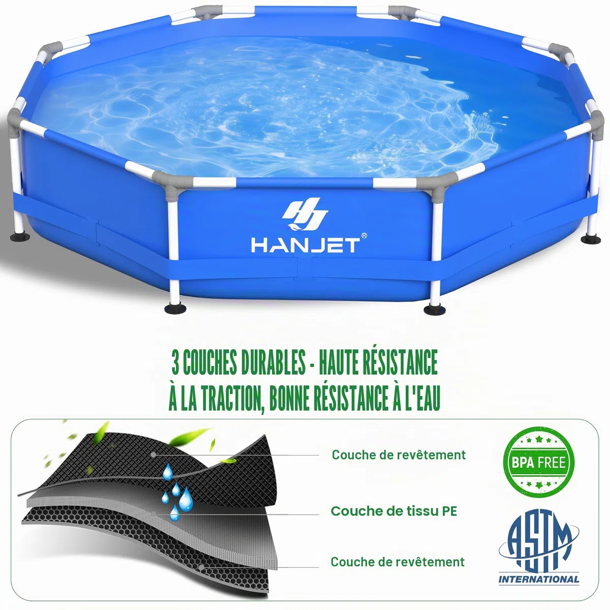 Steel Frame Piscine à cadre en polyéthylène (pas de PVC) – Piscine de jardin hors sol – Piscine d'été avec cadre en acier pataugeoire pour l'extérieur arrière-cour – Ronde, bleue (diamètre 366