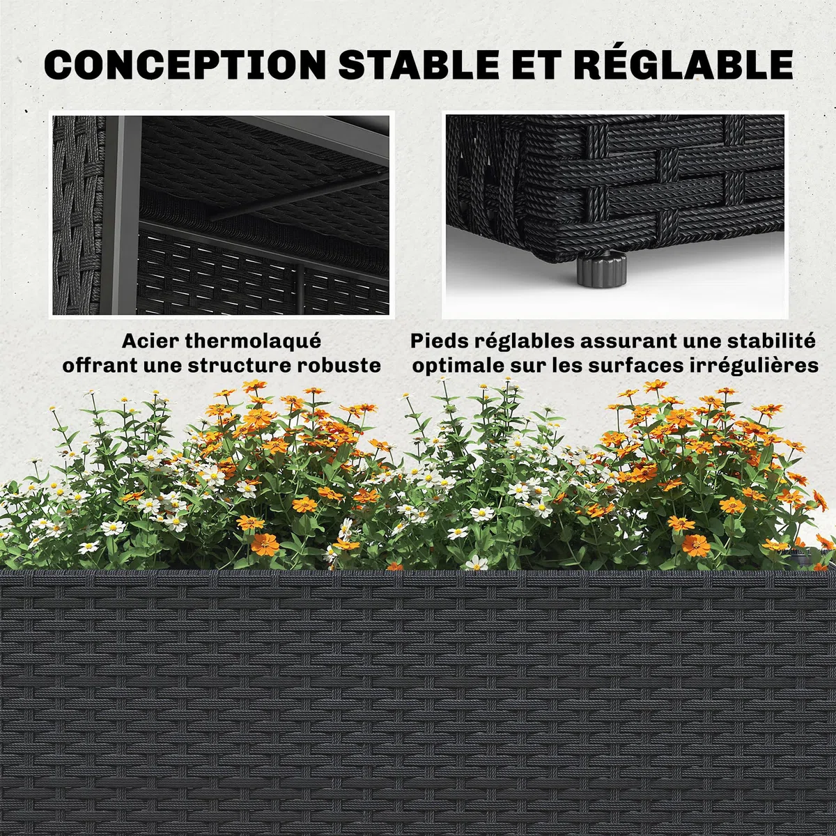 Outsunny Jardinière surélevée en résine tressée, support de fleurs avec bac amovible et pieds réglables, cadre en acier, pour fleurs et légumes dans patio, balcon, terrasse, noir