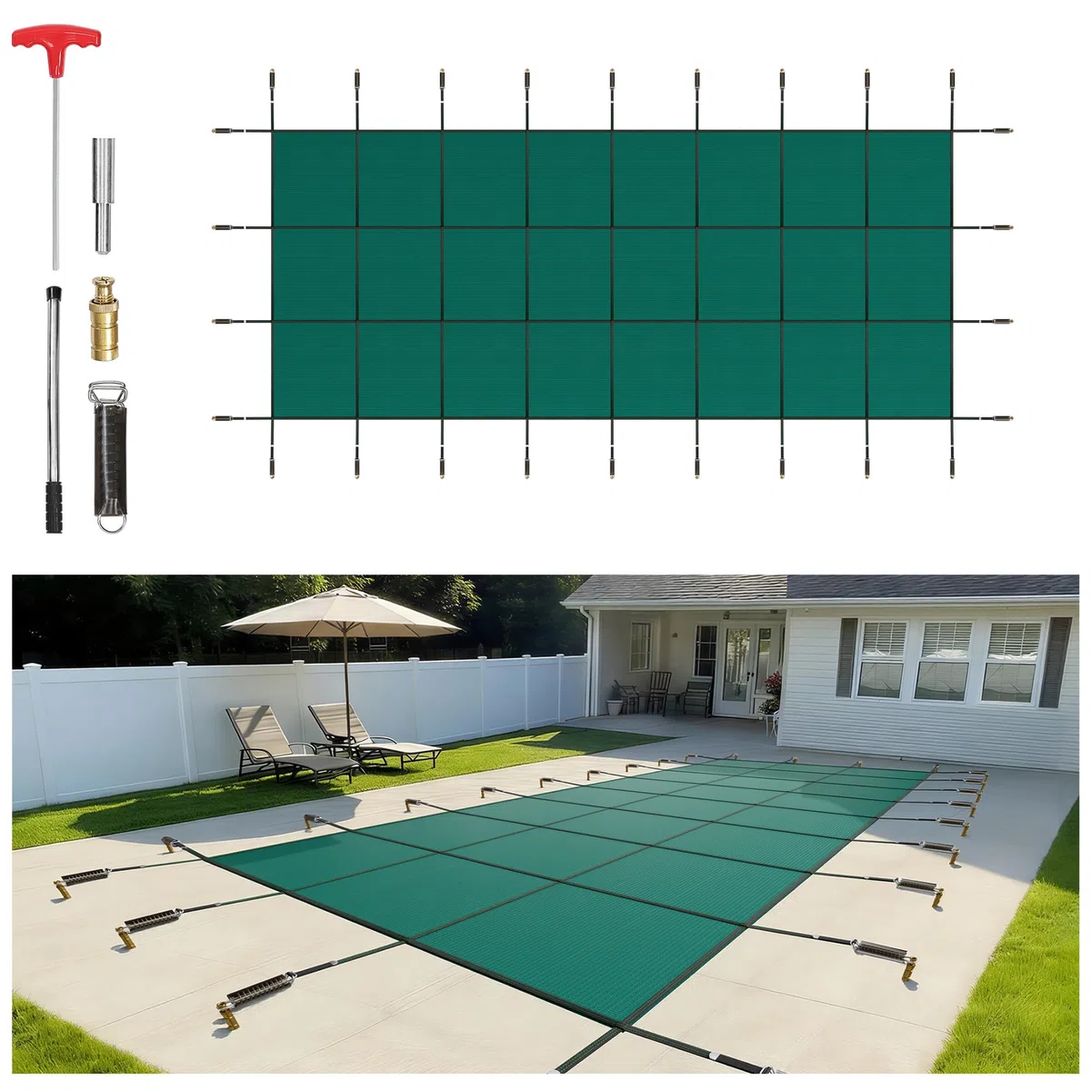 VEVOR Couverture de sécurité pour Piscine 4,9 x 12,2 m, Couverture de Piscine enterrée adaptée au matériau PP, Couverture de sécurité rectangulaire pour Piscine enterrée Verte, Couverture de sécurité