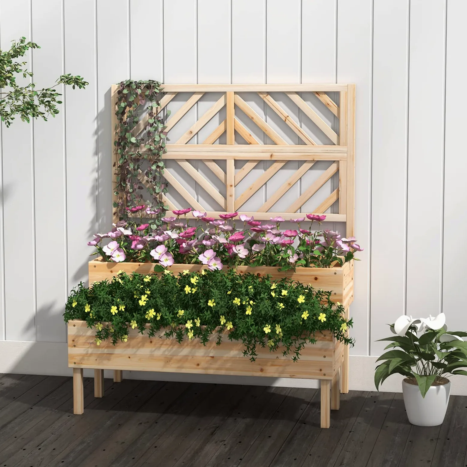 GOPLUS 2 en 1 Jardinière Surélevée avec Treillis en Bois à 2 Niveaux pour Vigne, Bac à Fleurs avec Trou de Drainage pour Légumes, Fruits, Herbes, Fleurs, pour Patio, Balcon, Terrasse