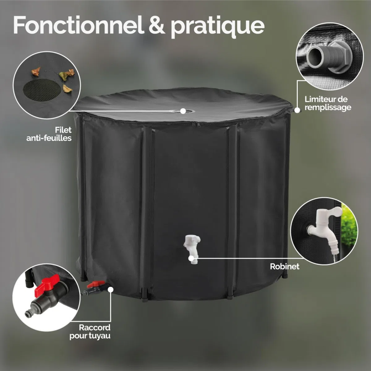 Linxor - Réservoir souple, récupérateur d'eau de pluie pliable - 1000 L - 2 Coloris