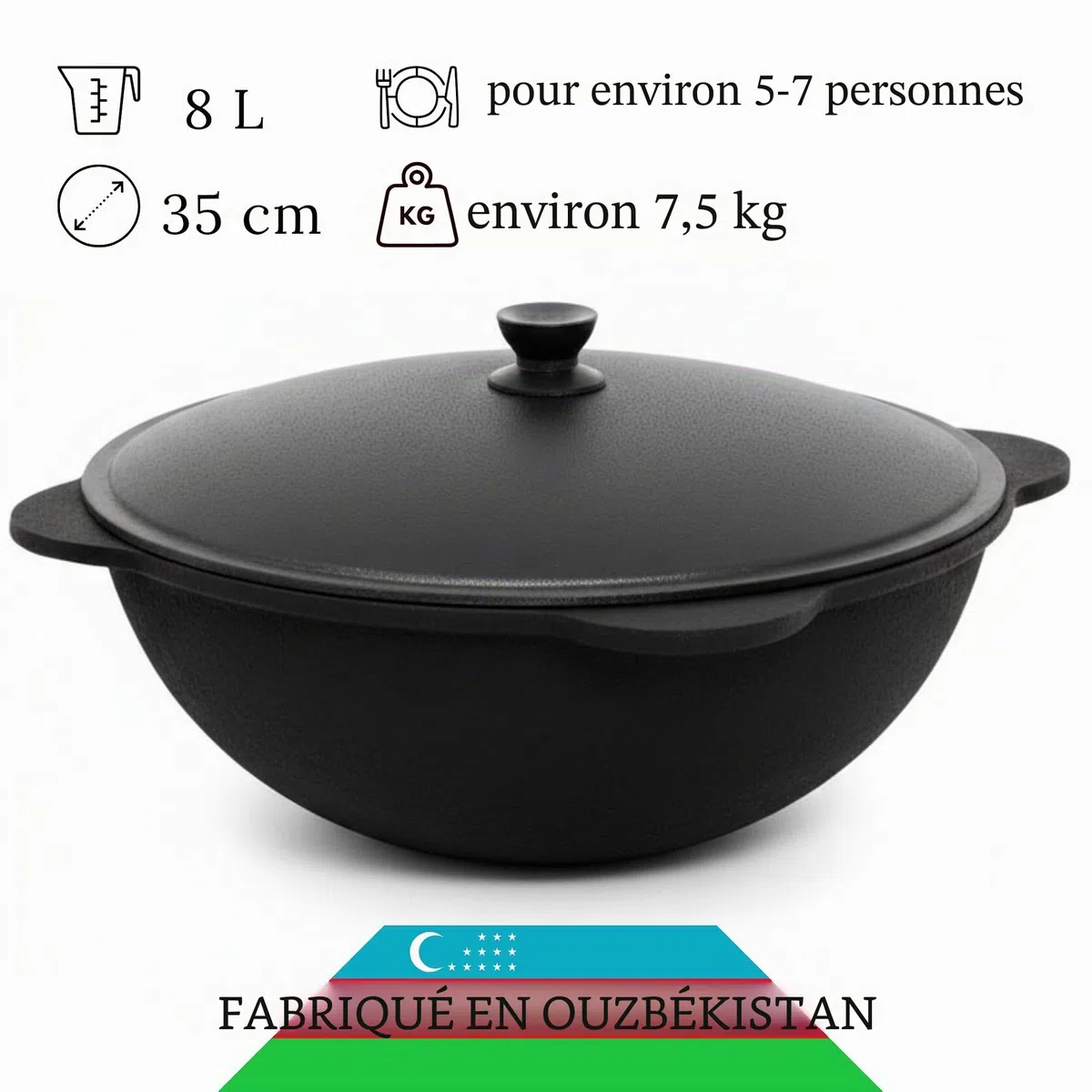 Kazan Wok en fonte 8 l (fond rond) avec louche à mousse Namangan Uzbek Kazbek Asia Wok Cast Iron Casserole Camping Usbek avec couvercle en aluminium