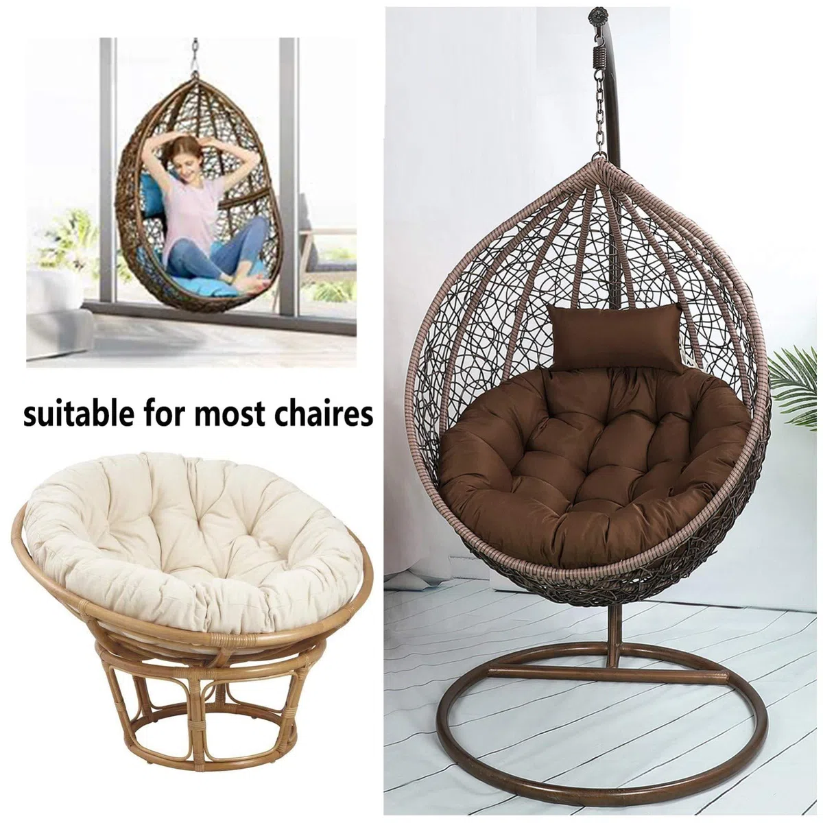 Coussin Rond pour Fauteuil Rotin, éPais Coussin pour Fauteuil Suspendu Exterieur Jardin, Lavable Coussin de Chaise Suspendue, AntidéRapant Coussin pour Hamac Chaise SuspenduBeige