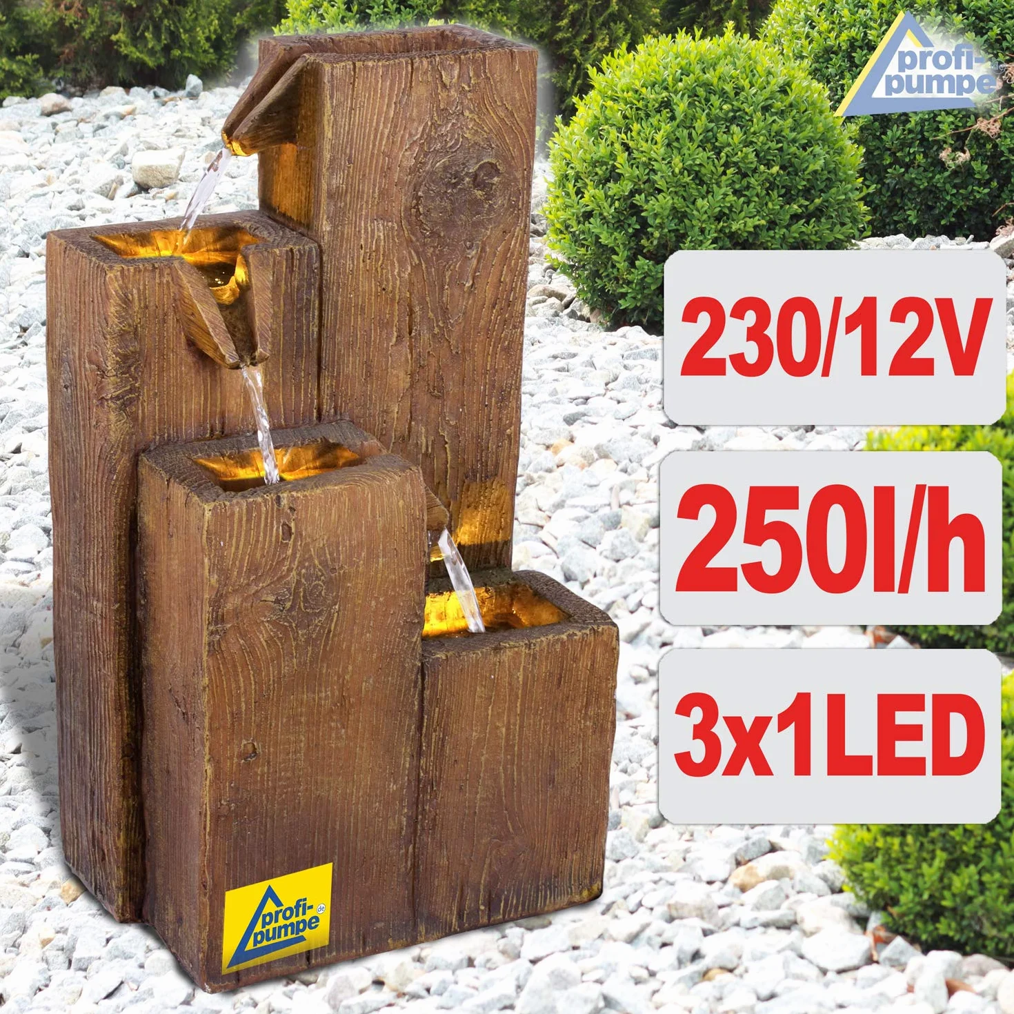 Fontaine de Jardin Décorative avec Lumière LED 230 V - Cascade d'eau Bois pour Jardin, Terrasse, Salon, Balcon 48 cm