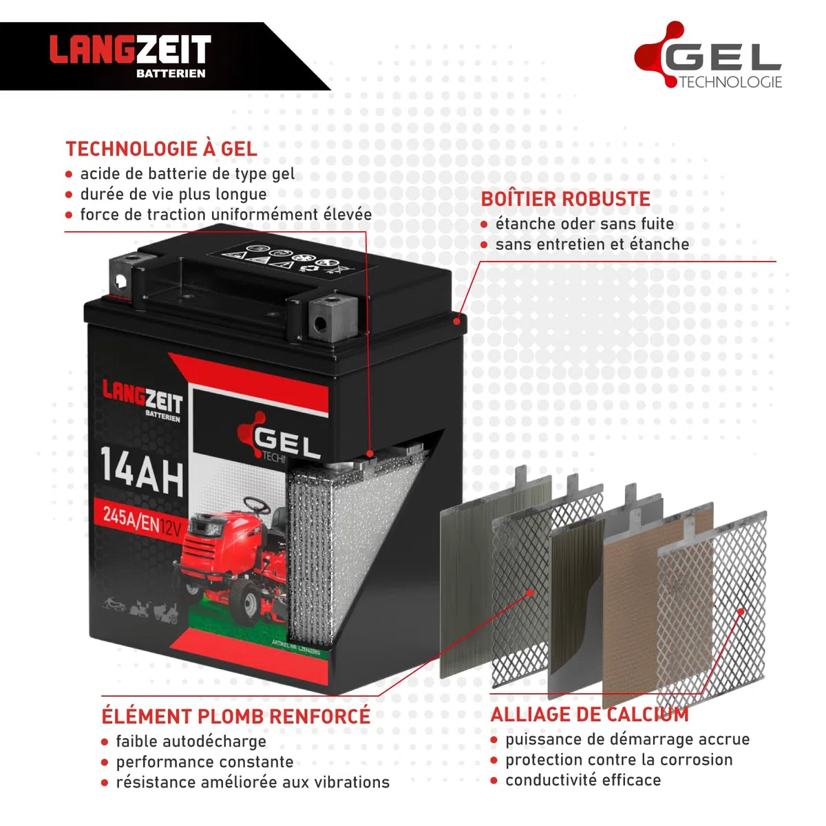 LANGZEIT Batterie Tracteur Tondeuse 12V 14Ah Gel 5929025-01 remplace HTX16