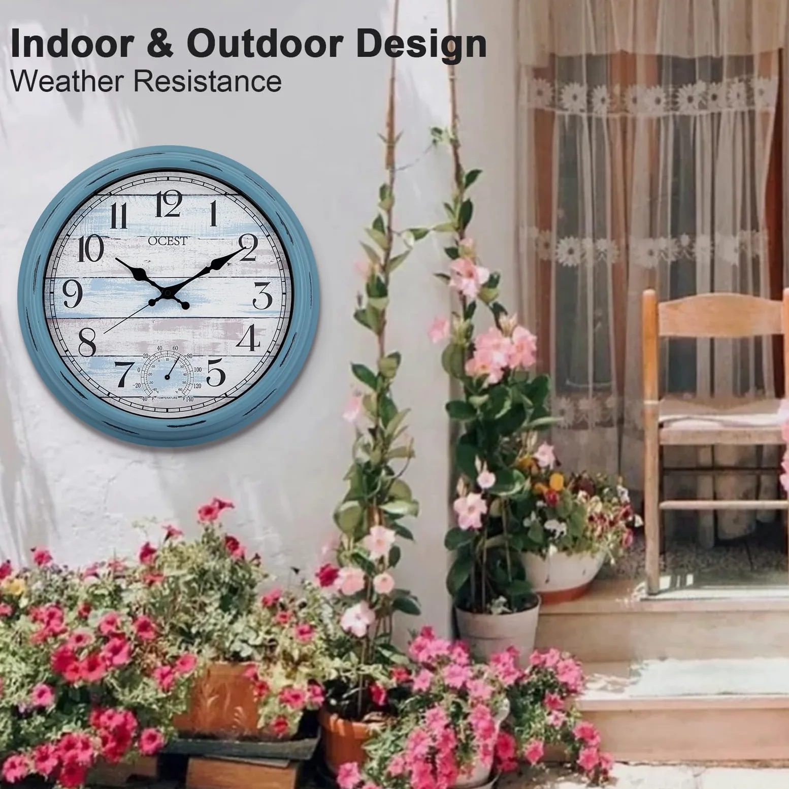 OCEST Grande horloge murale d'intérieur et d'extérieur de 40,6 cm, étanche avec thermomètre, résistante aux intempéries, sans tic-tac, horloge décorative à piles pour terrasse, piscine, porche,
