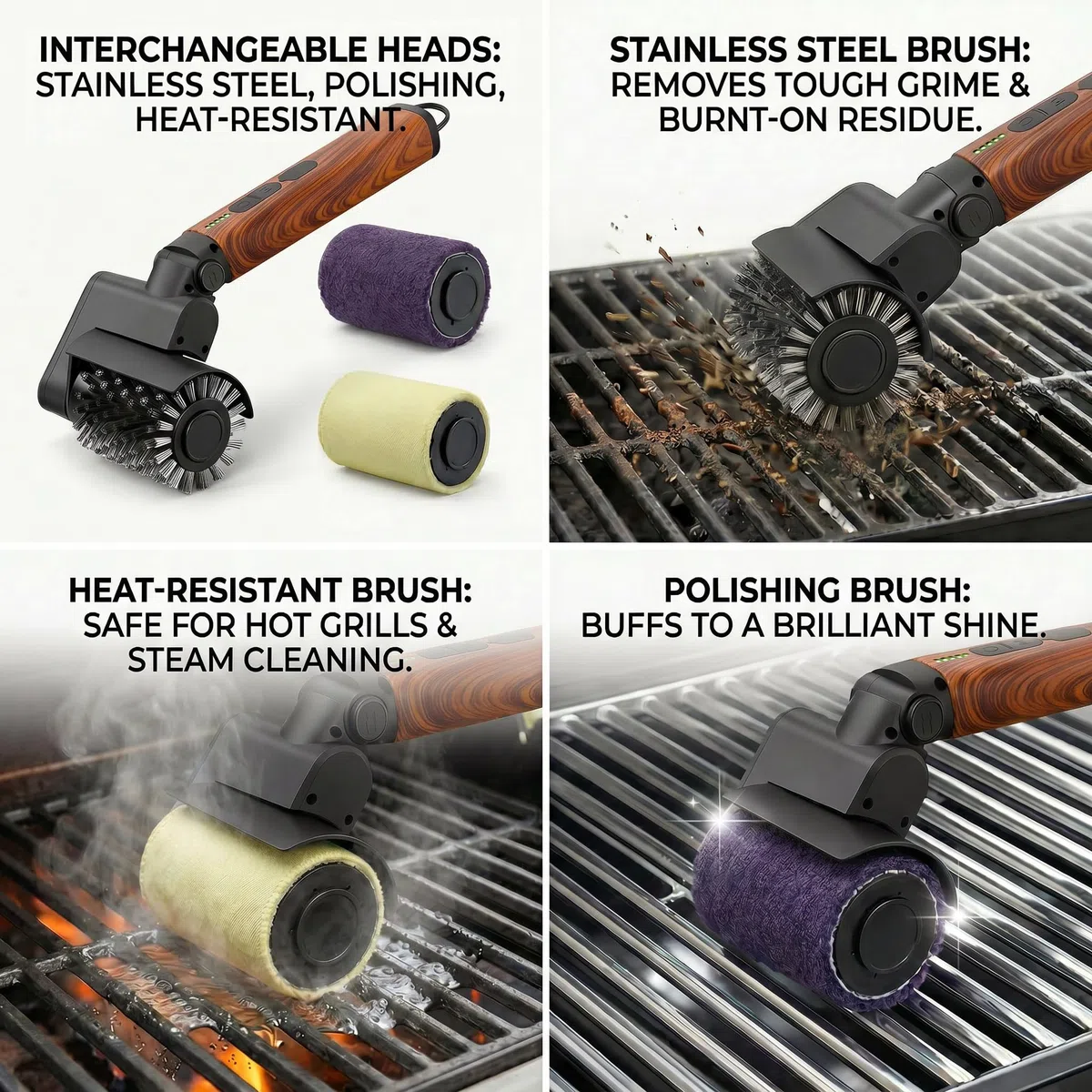 Set de brosse de barbecue électrique 3 en 1 (Revêtement en bois rouge) | Sans fil, rechargeable, imperméable, nettoyant pour barbecue, accessoire de barbecue professionnel