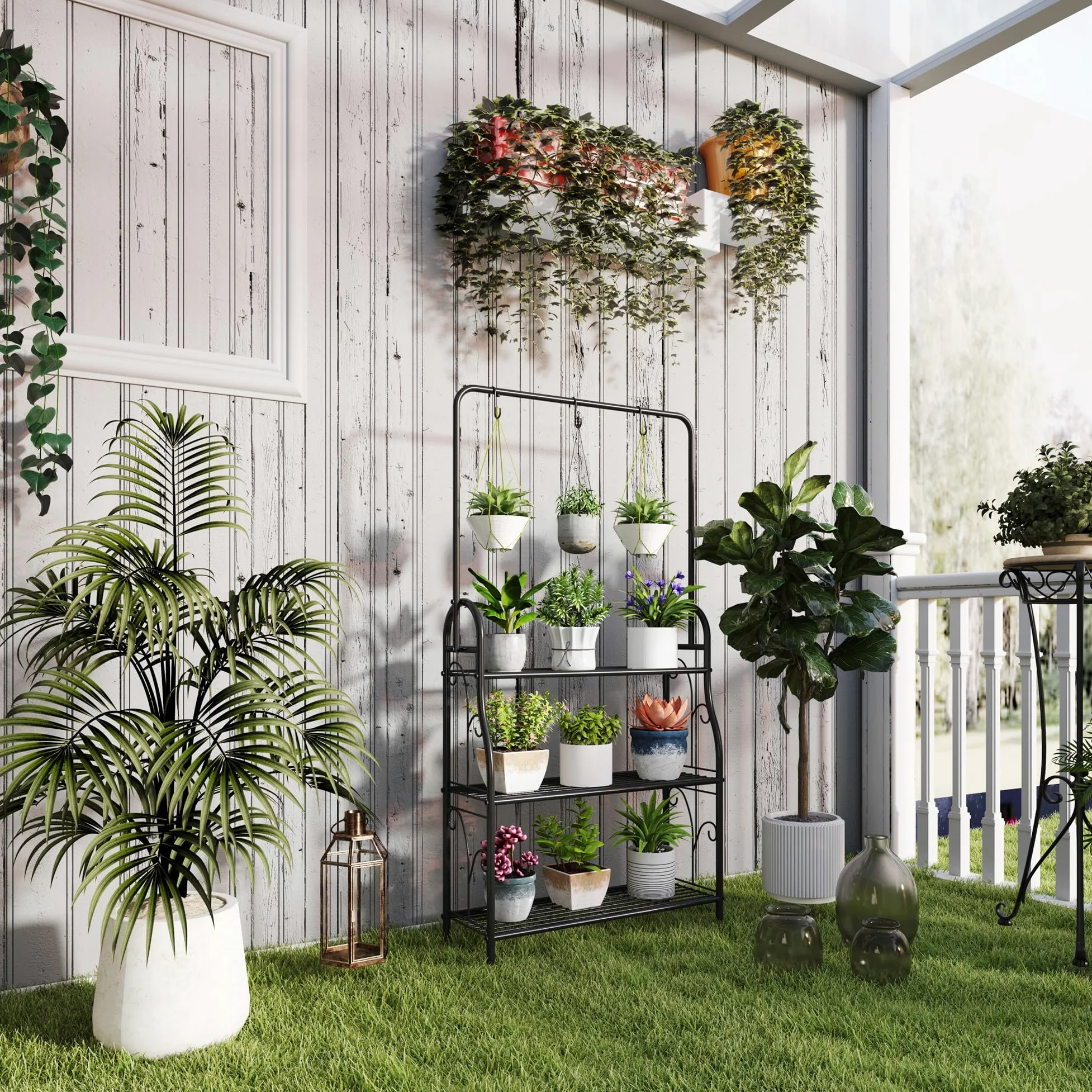Outsunny Étagère à fleurs 3 niveaux pour Intérieur Extérieur Métal Noir | Support de Plantes, Tige de Suspension, 3 Crochets, pour Balcon, Salon, Chambre, Jardin