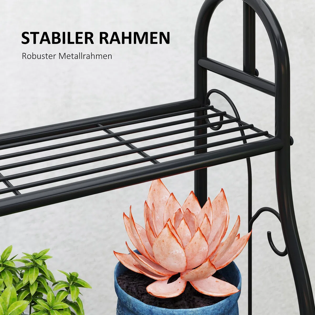 Outsunny Étagère à fleurs 3 niveaux pour Intérieur Extérieur Métal Noir | Support de Plantes, Tige de Suspension, 3 Crochets, pour Balcon, Salon, Chambre, Jardin