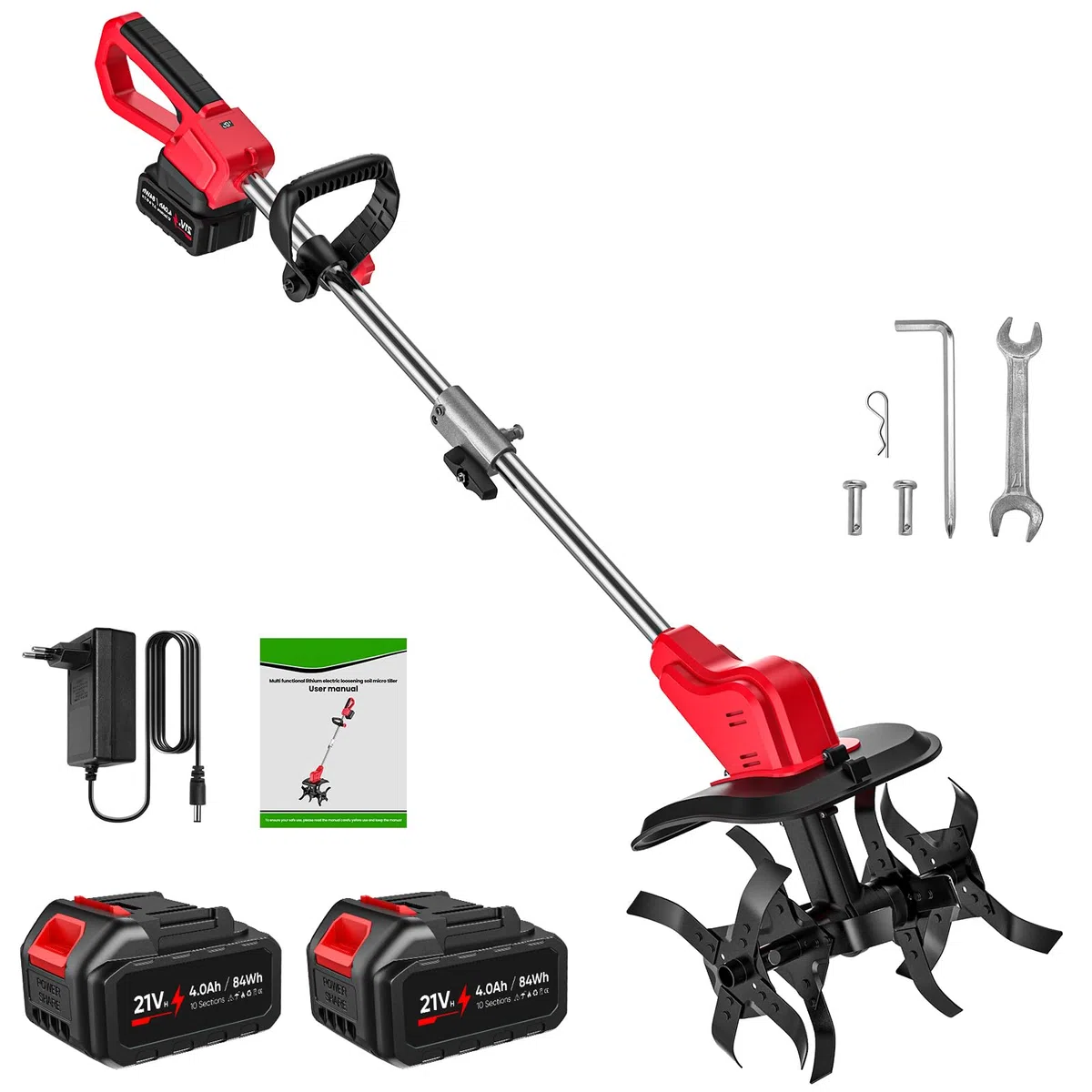 Motoculteur Électrique, Motobineuse sans Fil avec 2 Batteries 4.0Ah, 21V 550W avec Écran LED, 6000 RPM et 4 Lames Robustes, 30CM Largeur et 22CM Profondeur, Motoazada Bateria pour Potager, Jardin