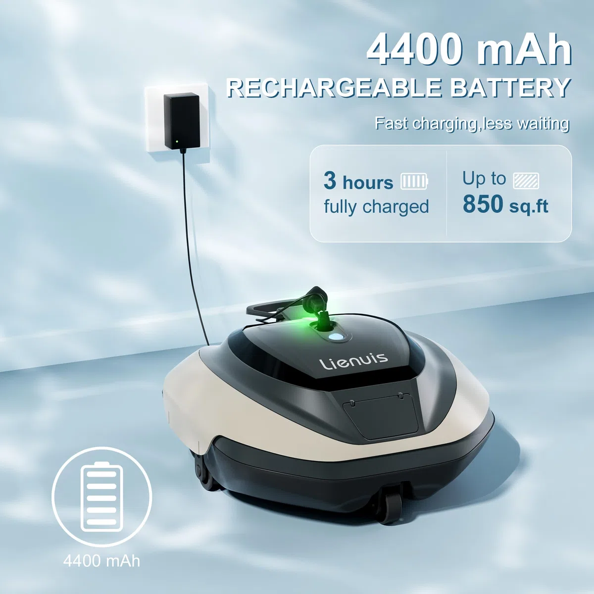 Robot nettoyeur de piscine sans fil avec batterie de 4400 mAh, aspirateur de piscine pour piscine hors sol avec aspiration puissante, technologie DirtLock, auto-stationnement, autonomie de 90 minutes