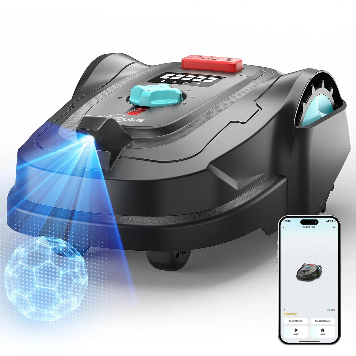 YARDCARE M800Plus Robot Tondeuse sans Fil Périphérique, Jusqu’à 800 m², Coupe en U, GPS + Vision IA, Contrôle Via App, Évitement de 150 Obstacles（Noir et Bleu）