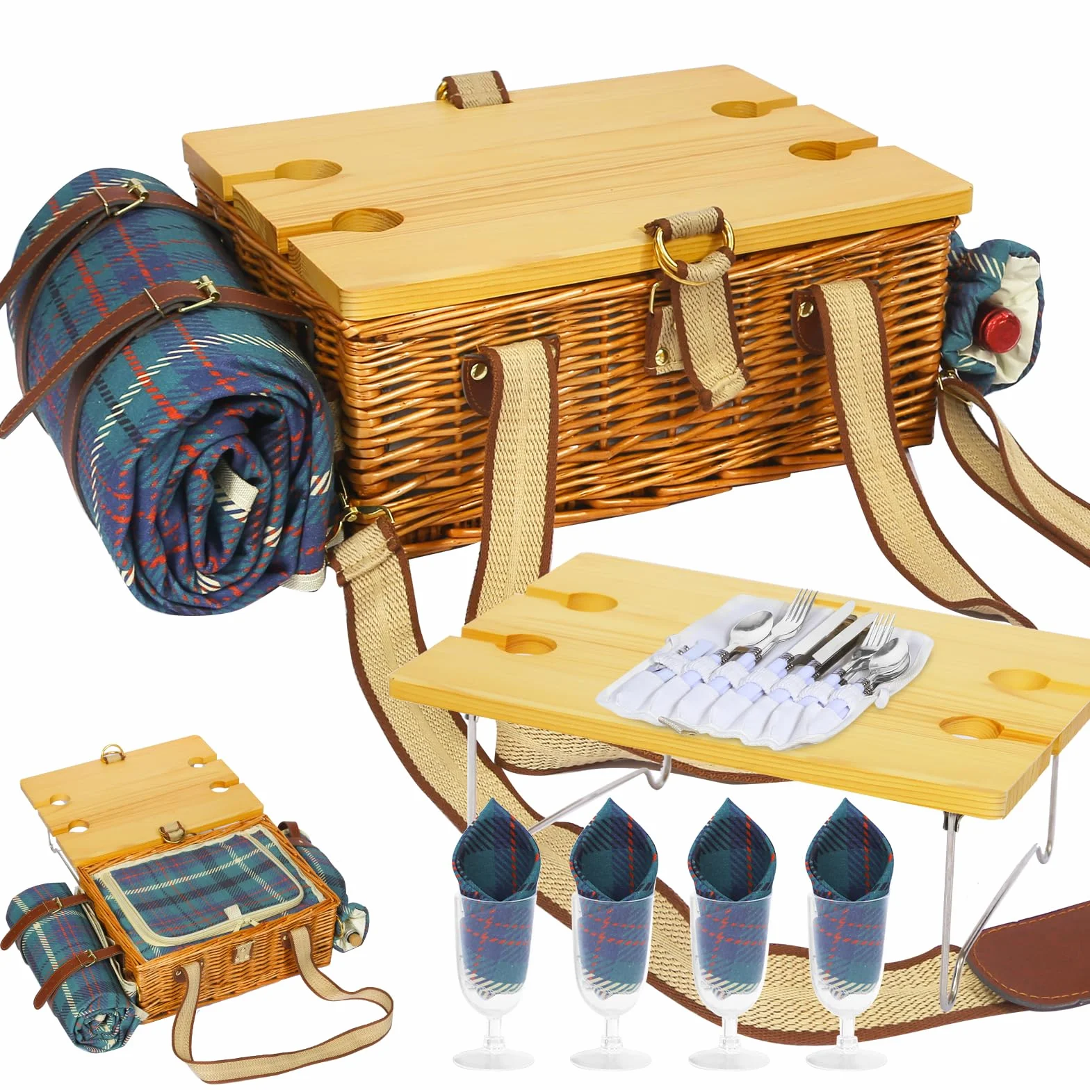 Ensemble de panier de pique-nique avec table pliante et couverts - Panier de pique-nique pour 4 personnes, avec sacs isothermes, panier tressé avec anse, panier en osier - Coffret cadeau pour