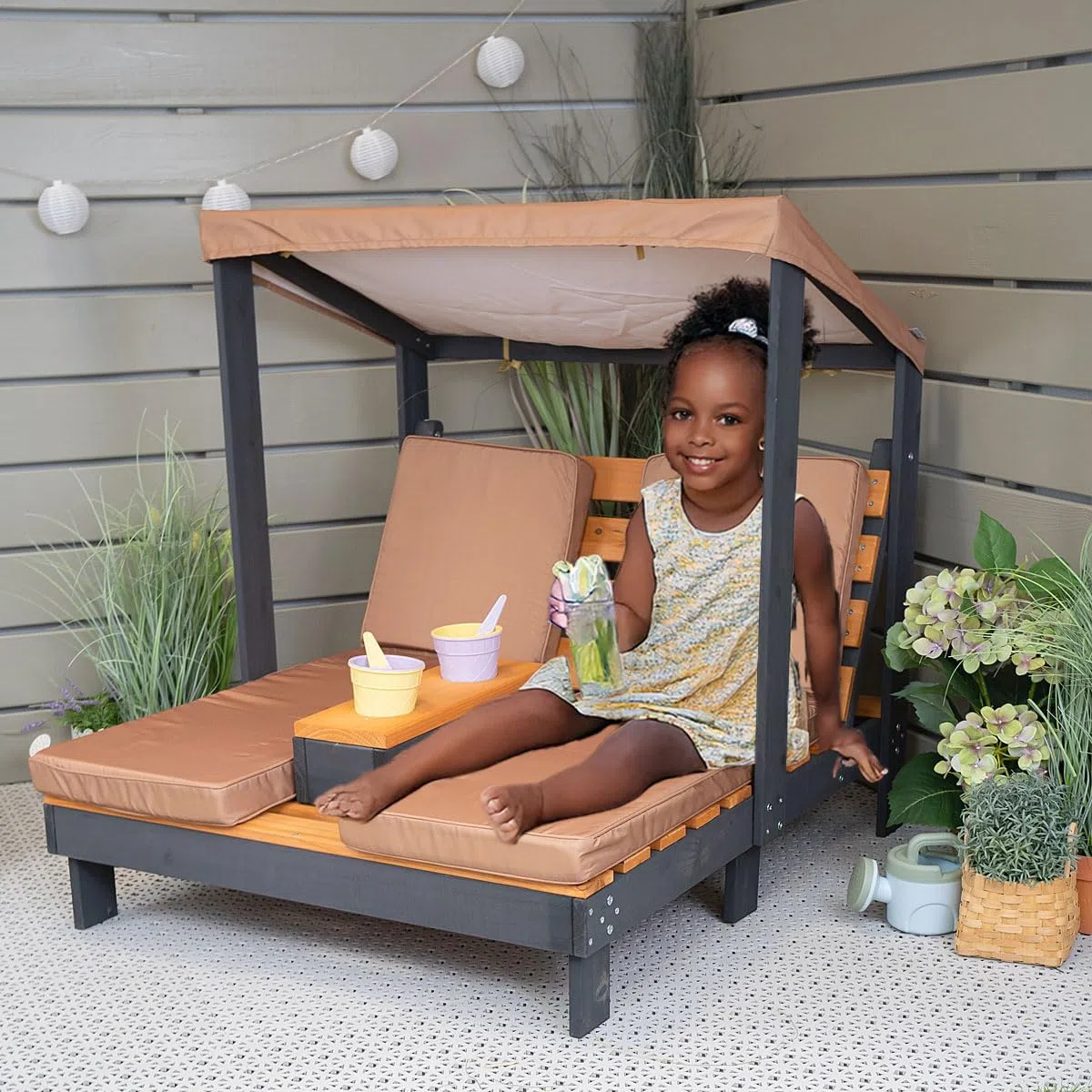 Meppi Chaise Longue Double pour Enfants Bornholm en Bois avec Porte-gobelet et Protection Solaire, pour Jardin