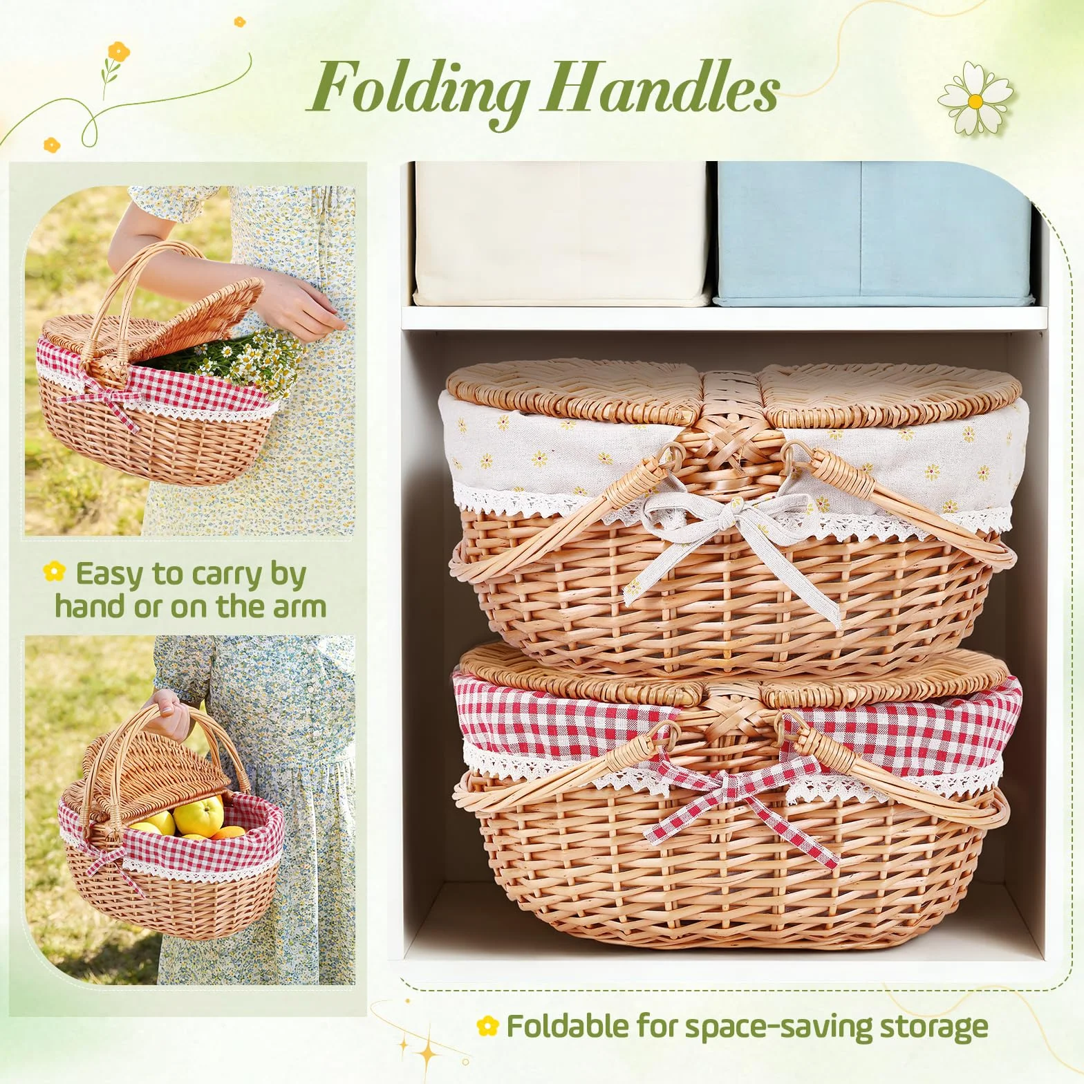 Wicker Picnic Basket Panier Pique Nique, Grand Panier de Rangement avec Double Couvercle Rabattable & Anse Pliable, Panier Tressé Portable pour Pique-Nique en Plein Air, Camping, Courses, Hiking, BBQ