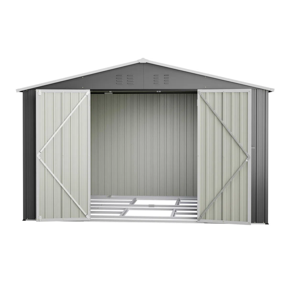 KOMHTOM 10x8 FT Abri de Jardin Métal avec Fondations (Gris-10x8 FT) | Rangement Outils de Jardi, avec Serrure, 4 Aérations, Résistant aux Intempéries, avec Piquets Métalliques